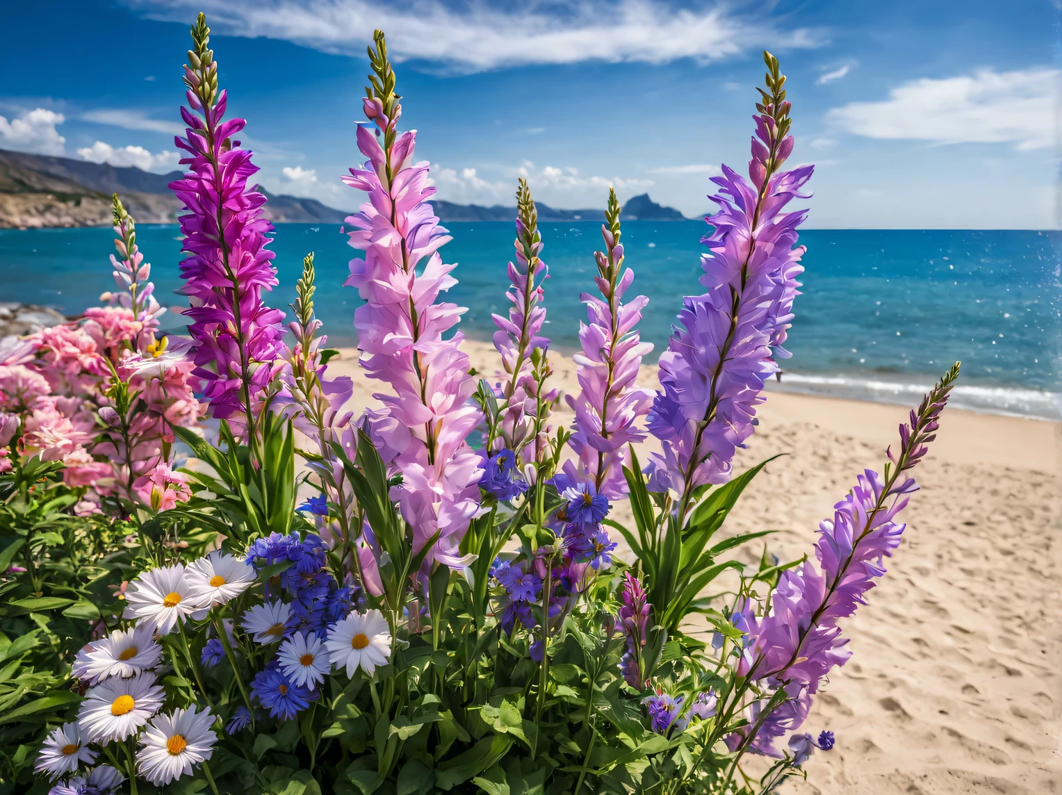 sea, Sun, beach, flowers, flowers in the water, flowers on the shore, flowers on trees and palm trees, flowers in the sky, flowers in the Sun, flowers in a glass, roses, gladioli, Asters, Dahlias, wisteria, daisies, More and more, more than a lot, a lot is good, a lot is beautiful, life is flowers, A high resolution, clear contours, hyperdelicate, Hyperrealistic, hypercarsive, hyper-masterpiece, hypercolor, hyperfiligree