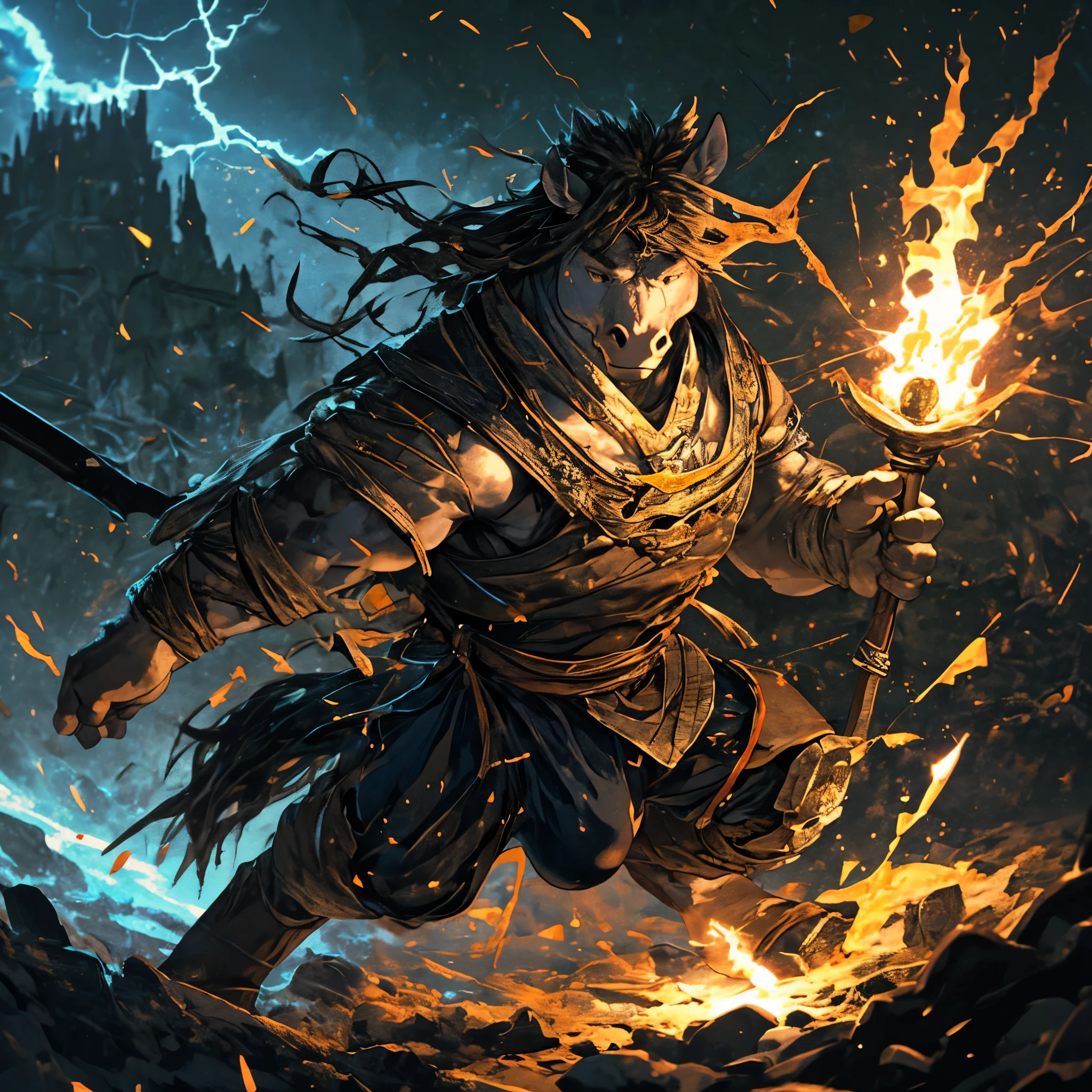 top quality, high-quality illustrations, the beautiful depiction of light seen in Vermeer's works, the intricate portrayal of muscles found in Michelangelo's works, Landscapes inspired by biblical themes depicted by Leonardo da Vinci, masterpiece, dark fantasy, castle, gatekeeper, absurdres, Perfect Anatomy((kemono, beastman, solo focus, bulge in the crotch))(Anthro:1.7)((horse facial features, horse body features))(detailed muscles))full body(Fighting Pose) Armor, Spear, Medieval Warrior, (dense sweat:1.4), casting lightning, electricity, swirling fire, radiating power, sparks, smoke, magic, ((dramatic)), epic, battlefield, depth of field, bokeh, 4k, gothic, ember, particles,