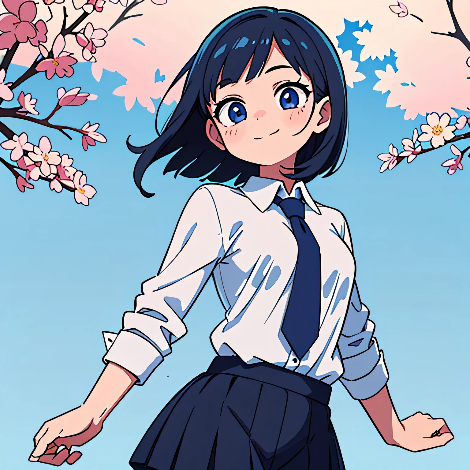 (Ultra bright color, Masterpiece, Best quality, blossom, Warm, soft light, modern, Hi-tech), 1 girl, One, standing, (school background:1.4), White shirt, (black skirt), beautiful detailed face, slight smile, (blue) Medium hair, (detailed (blue) Ruby eyes), young, blue tie, small breasts
