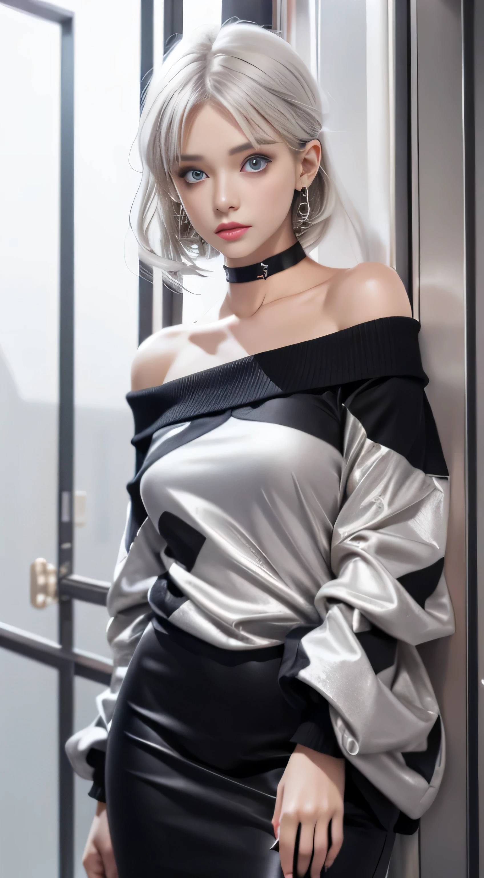 double whirlwind pattern design clothes,iris heterochromatic pupil,silver haired girl,free high resolution,off shoulder、