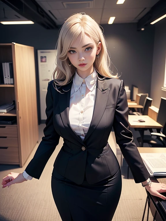 (best quality, 8k, highres, photorealistic:2.0), (solo, one girl:2.0),(lighting: front),(lighting: strong),(ultimate beautiful girl:2.0),(shiny skin),(oily skin),(platinum blonde hair:1.5),Blush brown makeup , dark eye makeup , use pink glossy lipstick,(big eyes girl:1.5),(woman with slender figure:1.5),(Photographed in the sophisticated office of an information technology company:1.8),(elite business woman:1.8),(girl amazing sex appeal:1.5),(ultimate eleance),(ultimate erotic),(Career woman who can work very well),(I'm so absorbed in work that I don't have a boyfriend),(woman not interested in love),(I'm not interested in fashion),(I wear accessories that do not interfere with my work.),(she has no love experience at all),(she feels alone),(She is not good at talking to men),(she is shy and silent),(I don't want to stand out and I'm concerned about people's attention),(She has a dark personality and negative thoughts.:1.5),(she suffers from depression),(She has many complexes and has no one to rely on.),(wearing business clothes),(A woman who takes her work seriously),(I'm a little unwell),(I like coffee and drink it all the time),(mentally unstable),(I have a hard time with insomnia.),(unpopular woman),(unconfident:1.5),(under stress),(She has a hobby that she cannot tell anyone about, and that is masturbation.),