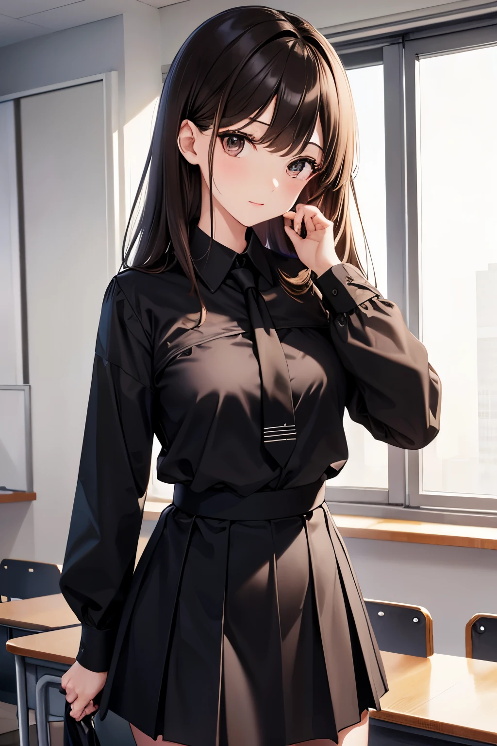 anegasaki nene、Shiny brown hair, short hair, (Beautiful brown eyes、Sparkling eyes, Fine grain)、smile、Ultra-detailed eyes、Highly detailed face, Highly detailed eyes,Cowboy Shot、
masterpiece、High resolution、High resolution、
Mature Woman、With the office in the background、Draw a picture of you sitting in an office chair and working.。Also、Put your hair up、Dress her in elegant black and white attire。Make it look like an anime。