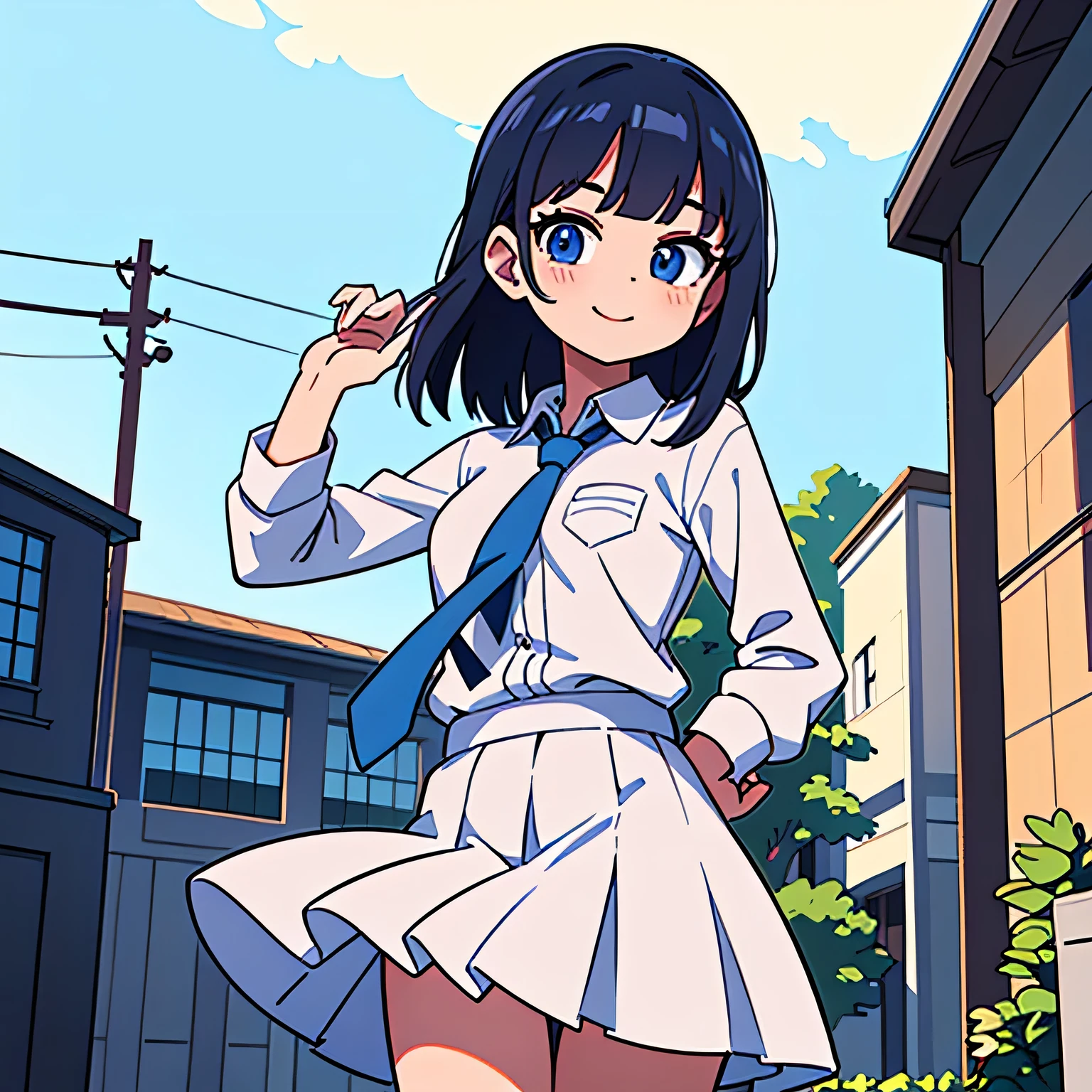 (Ultra bright color, Masterpiece, Best quality, blossom, Warm, soft light, modern, Hi-tech), 1 girl, One, I'm standing near the school, (school background:1.4), White shirt, (black skirt), beautiful detailed face, slight smile, (blue) Medium hair, (detailed (blue) Ruby eyes), young, blue tie, small breasts