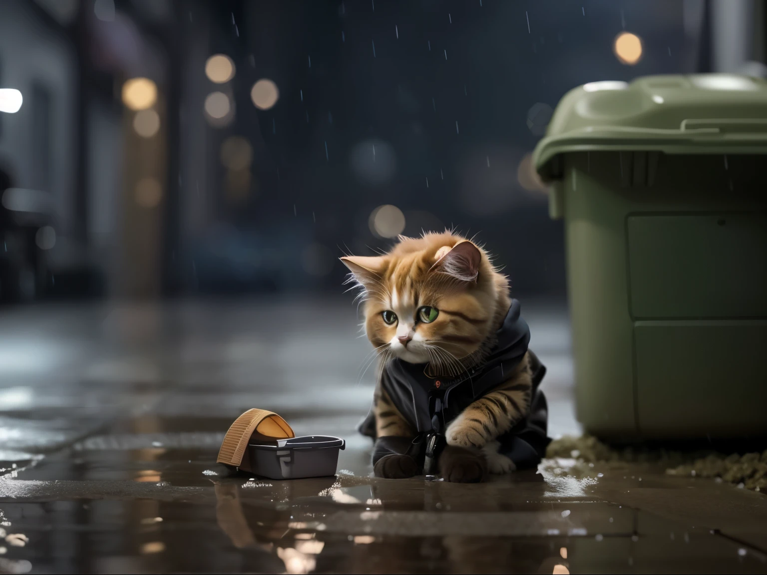 A ragdoll cat next to the litter box, traffic cat, Movies are still in 8k, Surreal 3D illustration, rainy day. game rendering, sad cat, 4k highly detailed digital art, Realistic stills, cute numbers, HD wallpapers, Super realistic picture, Very realistic still