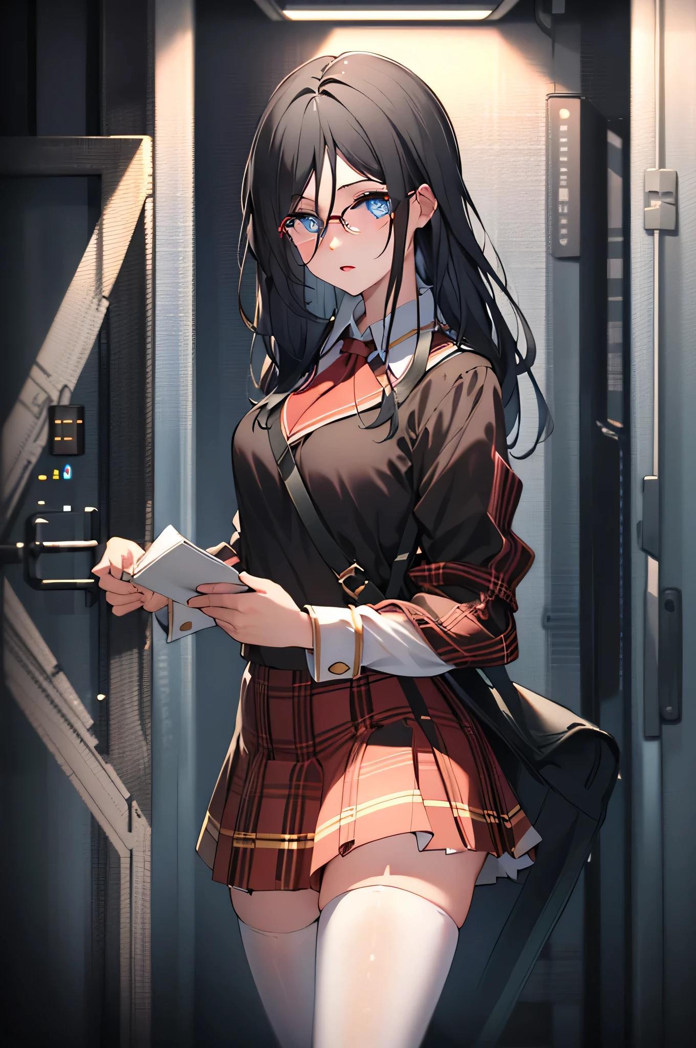 ultra-detailed,aaasuka,long hair,glasses,red-framed eyewear,
BREAK (Wearing plaid, plaid skirt, pleated skirt, ribbon, shirt, skirt, solo, thighhighs, zettai ryouiki:1.2)
BREAK (masterpiece:1.2), best quality, high resolution, unity 8k wallpaper, (illustration:0.8), (beautiful detailed eyes:1.6), extremely detailed face, perfect lighting, extremely detailed CG, (perfect hands, perfect anatomy),
