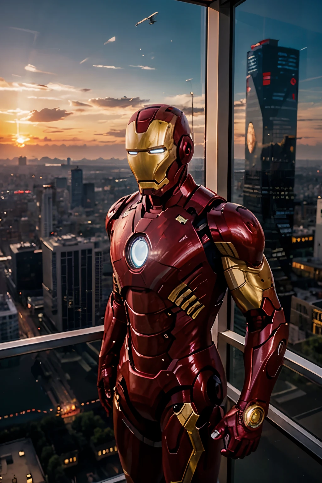 Iron Man, flying, staring at the city, sunset, surrealism, super detail, HD