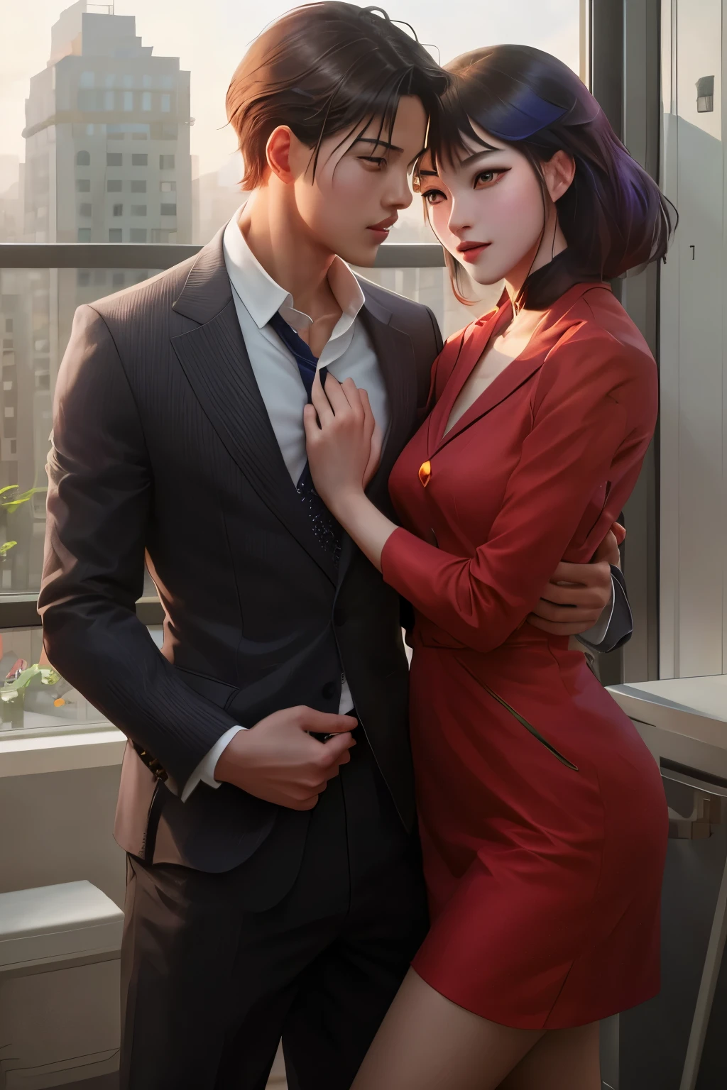 there is a man and woman standing next to each other in a room, high quality fanart, by Ni Yuanlu, sakimichan and frank franzzeta, by Yang J, (sfw) safe for work, suit and tie, inspired by Yanjun Cheng, highly detailed exquisite fanart, commission for high res