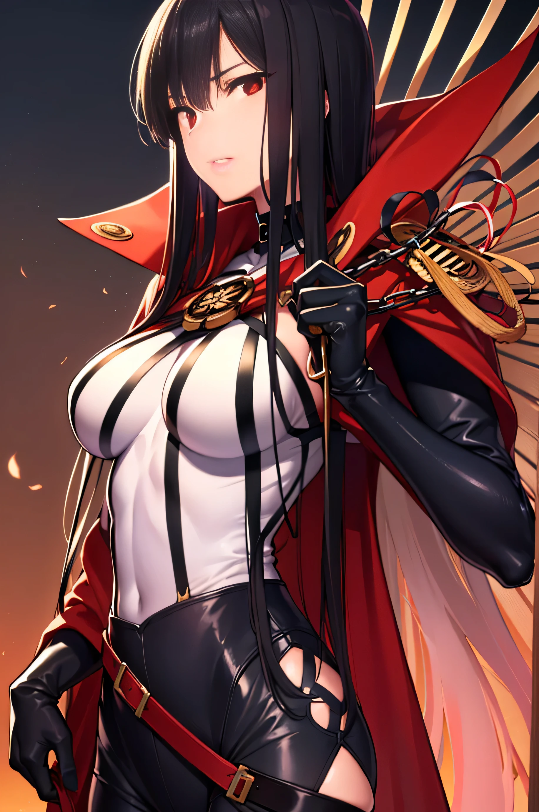 Nobunaga Oda, Oda Nobunaga, black hair, long hair, (red eyes:1.5),
break chain, cloak, family crest, gloves, grey gloves, have, army, army have, army uniform, hunting, uniform,
viewer&#39;perspective,
break (masterpiece:1.2), highest quality, High resolution, unity 8k wallpaper, (shape:0.8), (thin and beautiful eyes:1.6), highly detailed face, perfect lighting, Very detailed CG, (perfect hands, perfect anatomy),have a sword