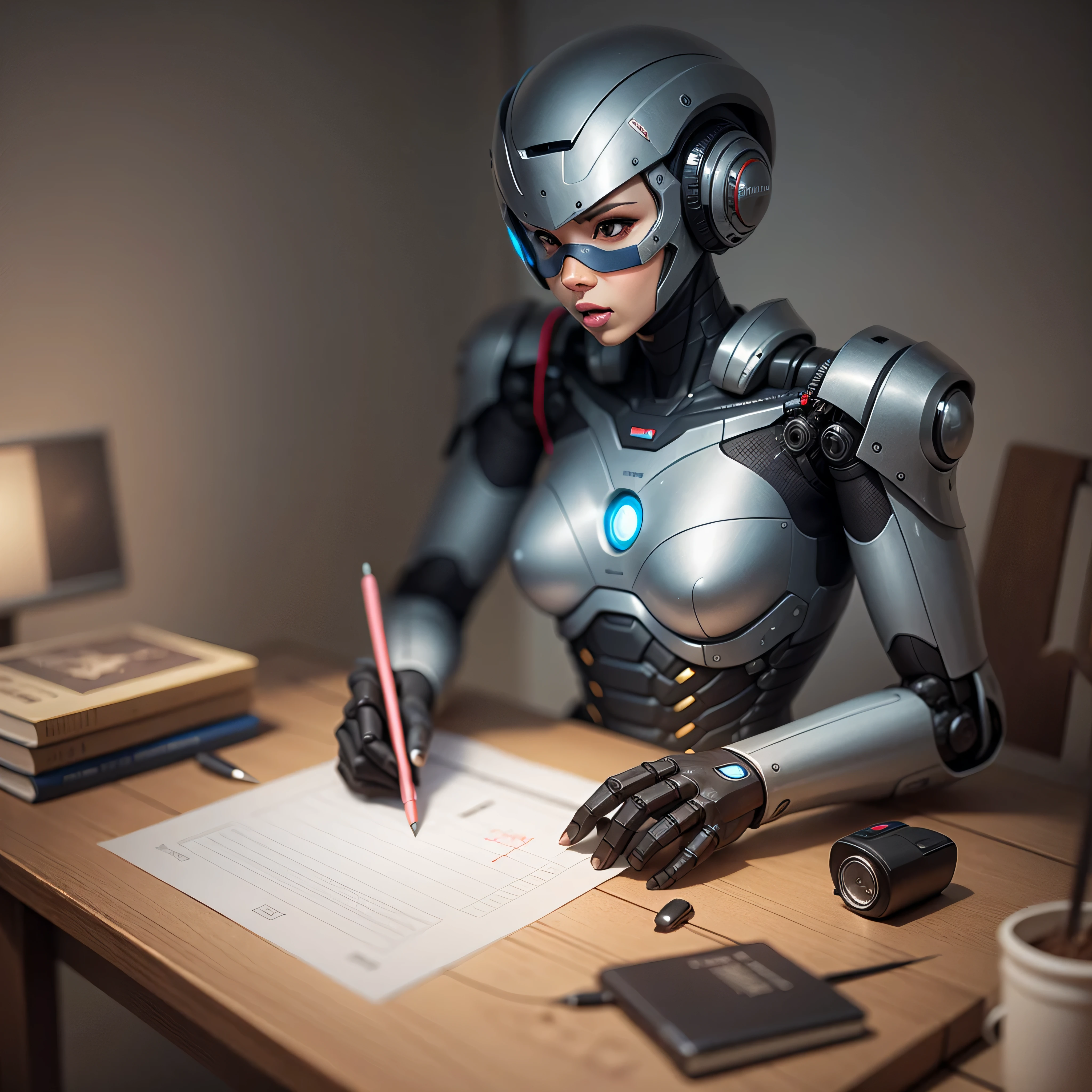 An artificial intelligence robot sits at a table, the robot is drawing, and the robot is holding a pen