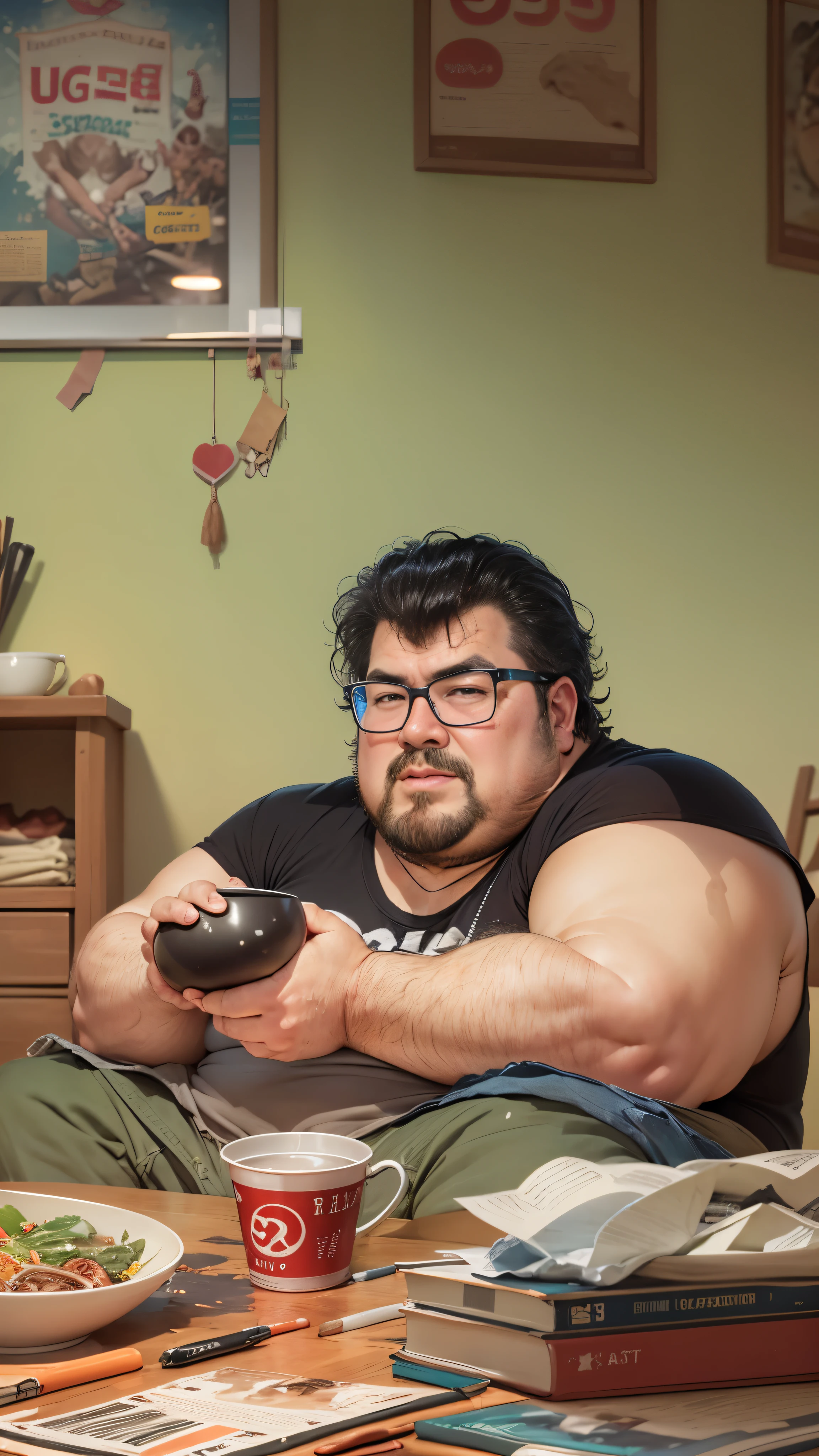 ((HD photo)), Hyper realistic, hires:1.4, 8k, a fat man / Steven seagal / 40 years old, sitting, holding ramen bowl, badly fitting t shirt, overweight messy hair, nerd glasses, leering, greasy, stained jeans, dark bedroom, posters, game console, pc, dakimura, poorly lit, incel, anime nerd, neckbeard, dirty walls,