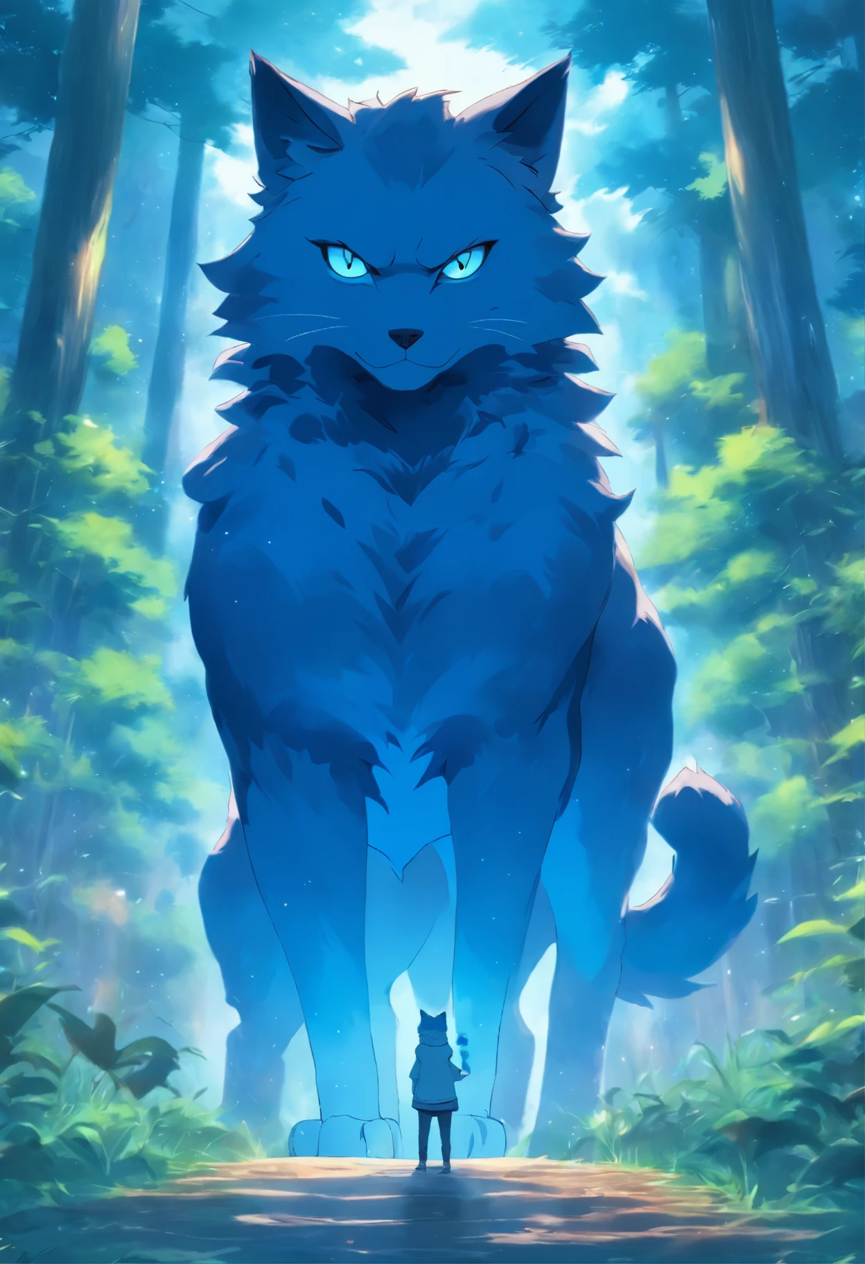 1 blue cat held out a finger，Point forward，standing on your feet，There is 1 wolf behind him，The background is forest，facing at camera，Faraway view，Long shots