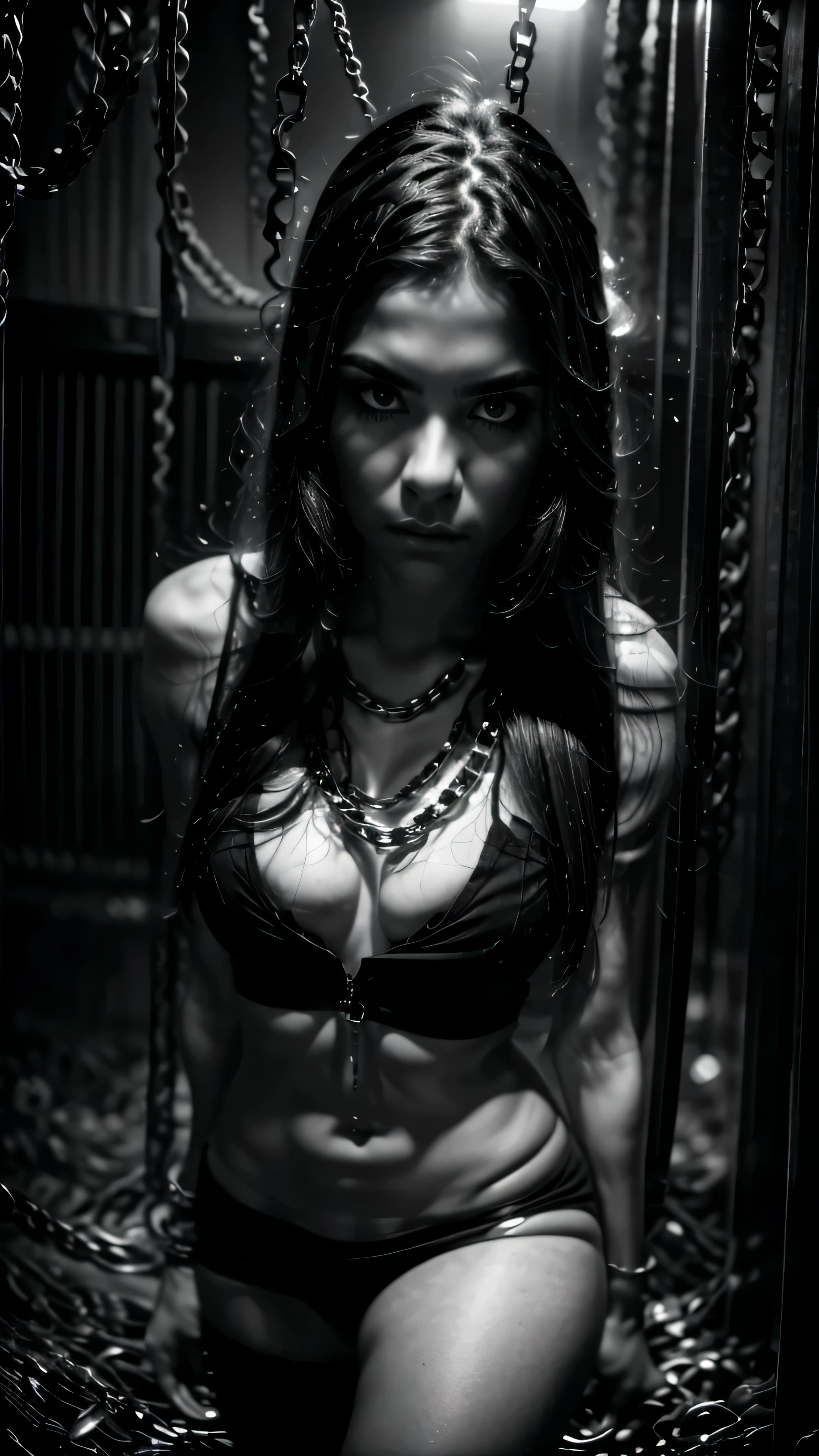 best quality,ultra-detailed,realistic,portrait,woman in chains,beautiful dark eyes,detailed facial expression,long flowing hair,confident and determined poses,broken chains,dark and moody atmosphere,black and white photography,dramatic lighting,harsh conditions