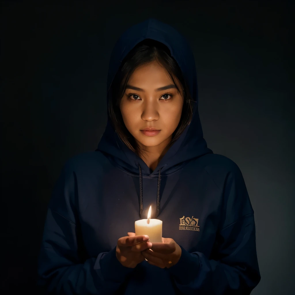 A photo of a beautiful indonesian woman wearing dark blue hoodie, only face with darkness as a background, holding a candle, Gcam  LMC 8.4 R15, cf triple Max Mod+Uw, 2 zoom jarak fokus 150.00, hyperrealistic, cinematic, photorealistic, ultra HD, detail texture, 8K image.