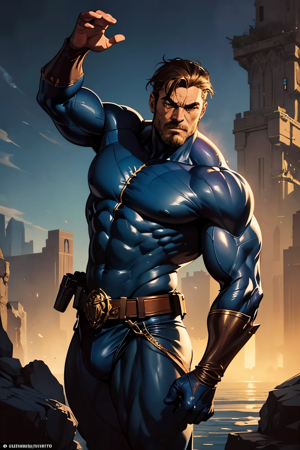 In the realm of comic art, a thing character comes to life in the style of light brown and dark azure hues, embodying the rasquache aesthetic with monumental forms and heroic masculinity. This berrypunk hero, reminiscent of Frank Quitely's work, radiates an aura of creative commons attribution, inviting admiration and inspiration for all.
The character's textured skin has the appearance of weathered wood, with strong lines and dynamic shadows that create a sense of depth and dimension. His eyes gleam with determination, and his muscles ripple beneath the surface, showcasing his unyielding strength.
As you take in the