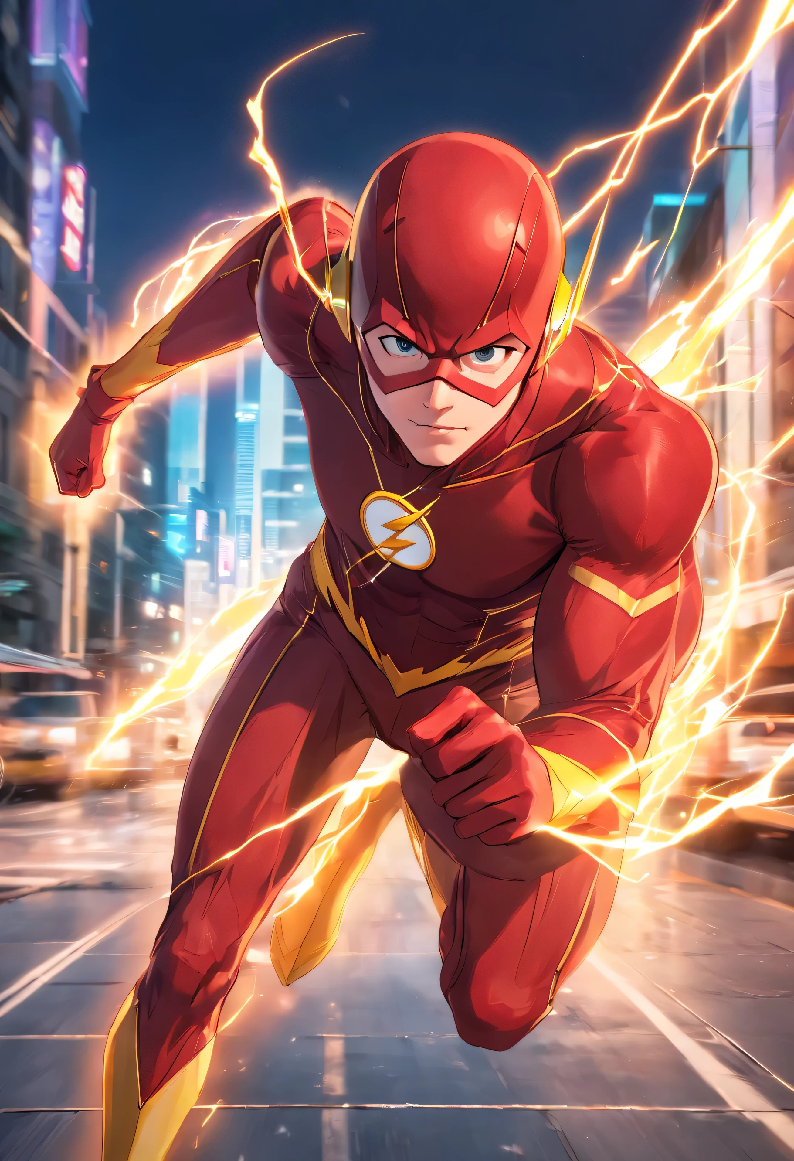 the flash in action, 1boy, mcu, best entrence pose, ultra detail, 8k, photo-realistic, octane render, unreal engine, ultra-realistic