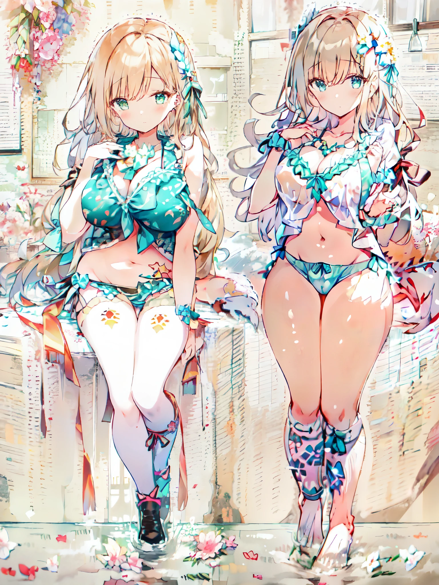 NSFW,1girl, green bikini, blush, chest, , huge_chest, gross_death,,,masterpiece, top_quality, closed_mouth, shy_expression, navel_crest, sneaky_tattoo, teary_eyes, full_body, thick_thigh_exfoliation, wide hipster piece, top quality, super detailed))),(shape),(thin_beautiful_eyes), ((very detailed face)), Moriman, Oil for the whole body,Alice in Wonderland wallpaper, 1 girl,Alice,blond hair,bigbreasts,nsfw