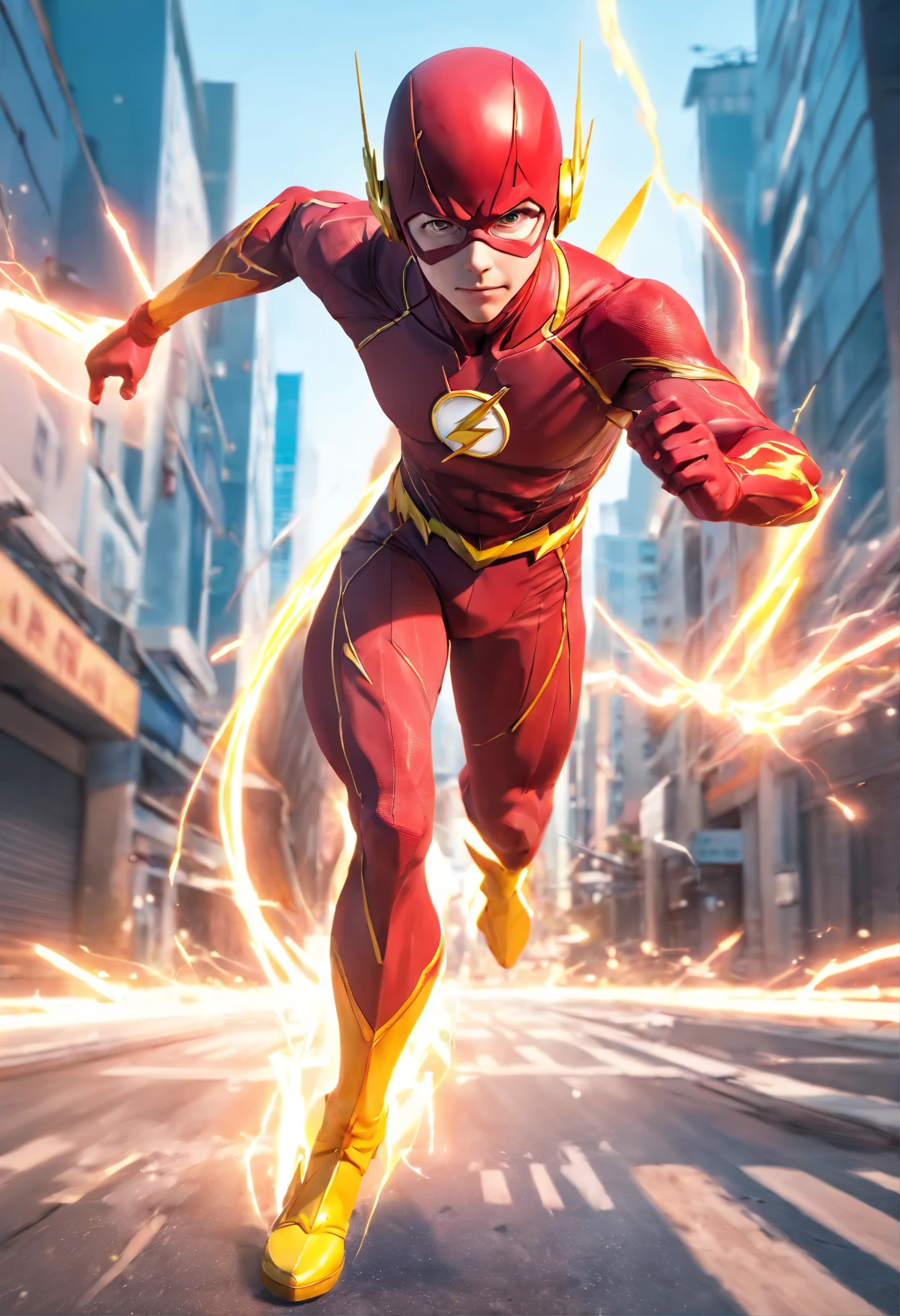 the flash in action, 1boy, mcu, best entrence pose, ultra detail, 8k, photo-realistic, octane render, unreal engine, ultra-realistic