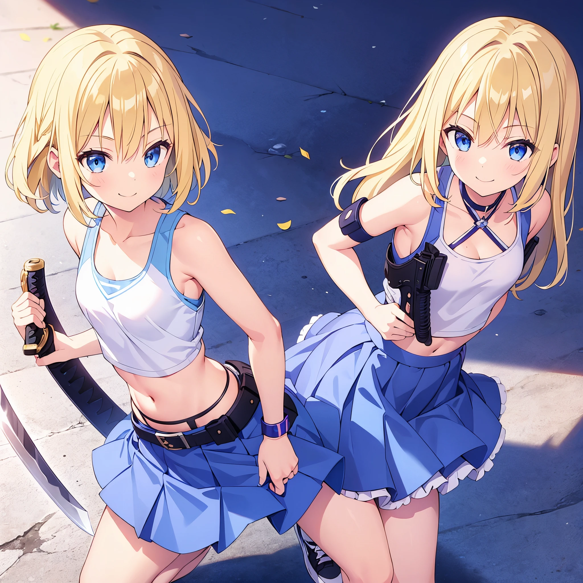 13 year old girl, blonde hair, bright blue eyes, smiling confidently, wearing a white tank top and a blue skirt, black sneakers, leaning on a katana sword, with the blade end towards the ground. She also has a holster for her pistol on her hip
