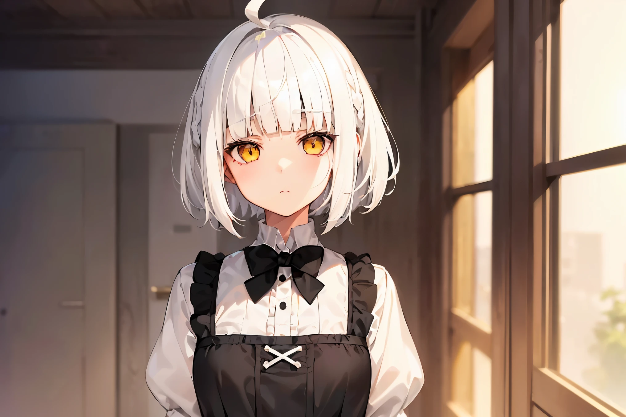 1girl, (lolita), ((((short white hair)))), (((blunt bangs))), yellow eyeessy hair)), ((((without expression)))), Sonolenta, ((ahoge)), black School uniform, desleixada, ((melhor qualidade)), ((obra de arte)), (detalhado), rosto perfeito, ((style novel)), ((in Room))