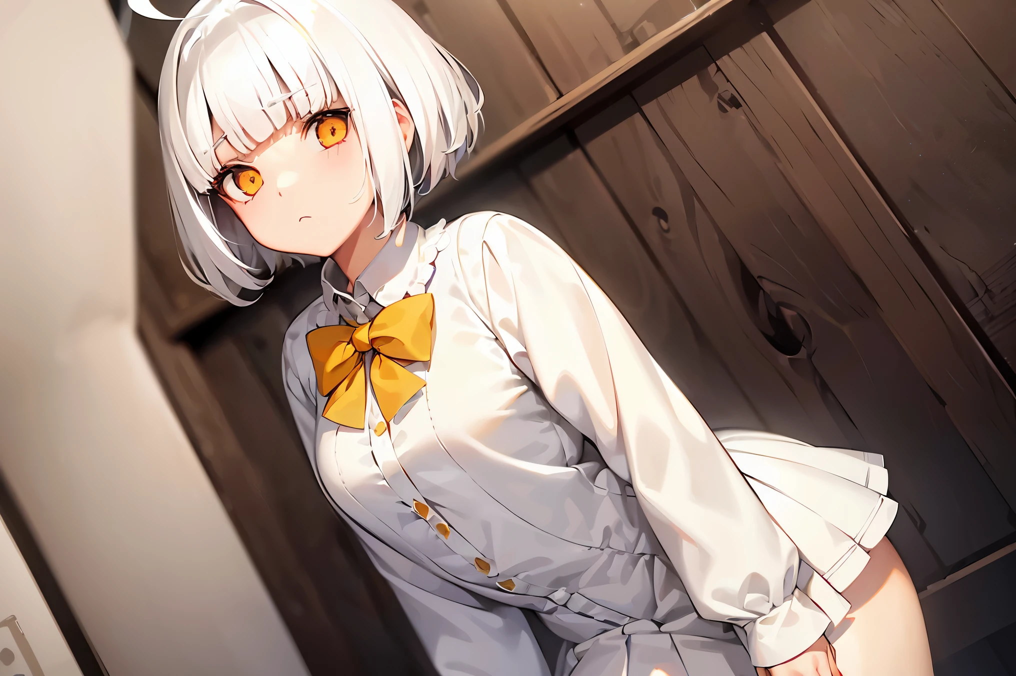 1girl, (lolita), ((((short white hair)))), (((blunt bangs))), yellow eyeessy hair)), ((((without expression)))), Sonolenta, ((ahoge)), black School uniform, desleixada, ((melhor qualidade)), ((obra de arte)), (detalhado), rosto perfeito, ((style novel)), ((in Room))