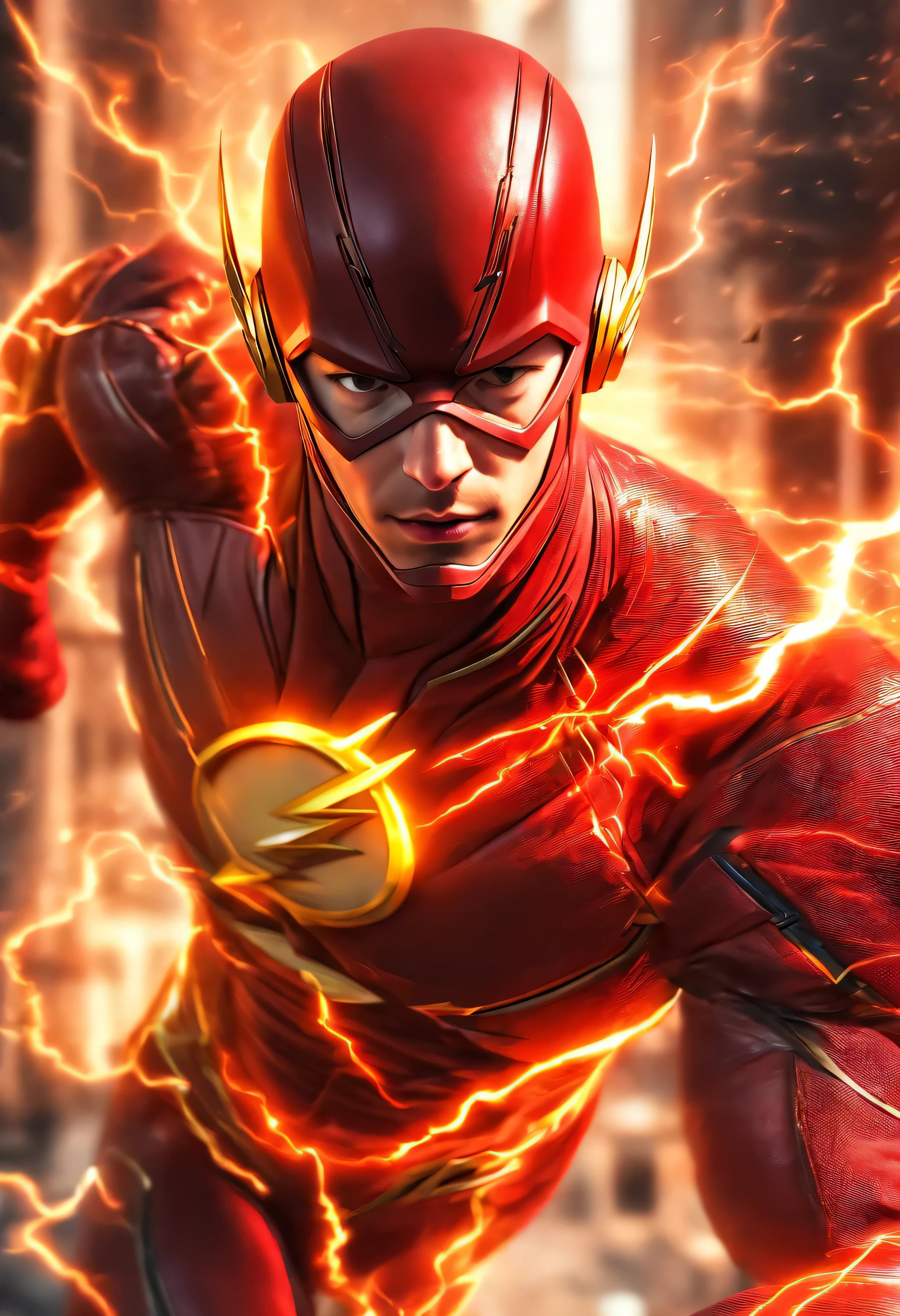 the flash in action, 1boy, mcu, best entrence pose, ultra detail, 8k, photo-realistic, octane render, unreal engine, ultra-realistic