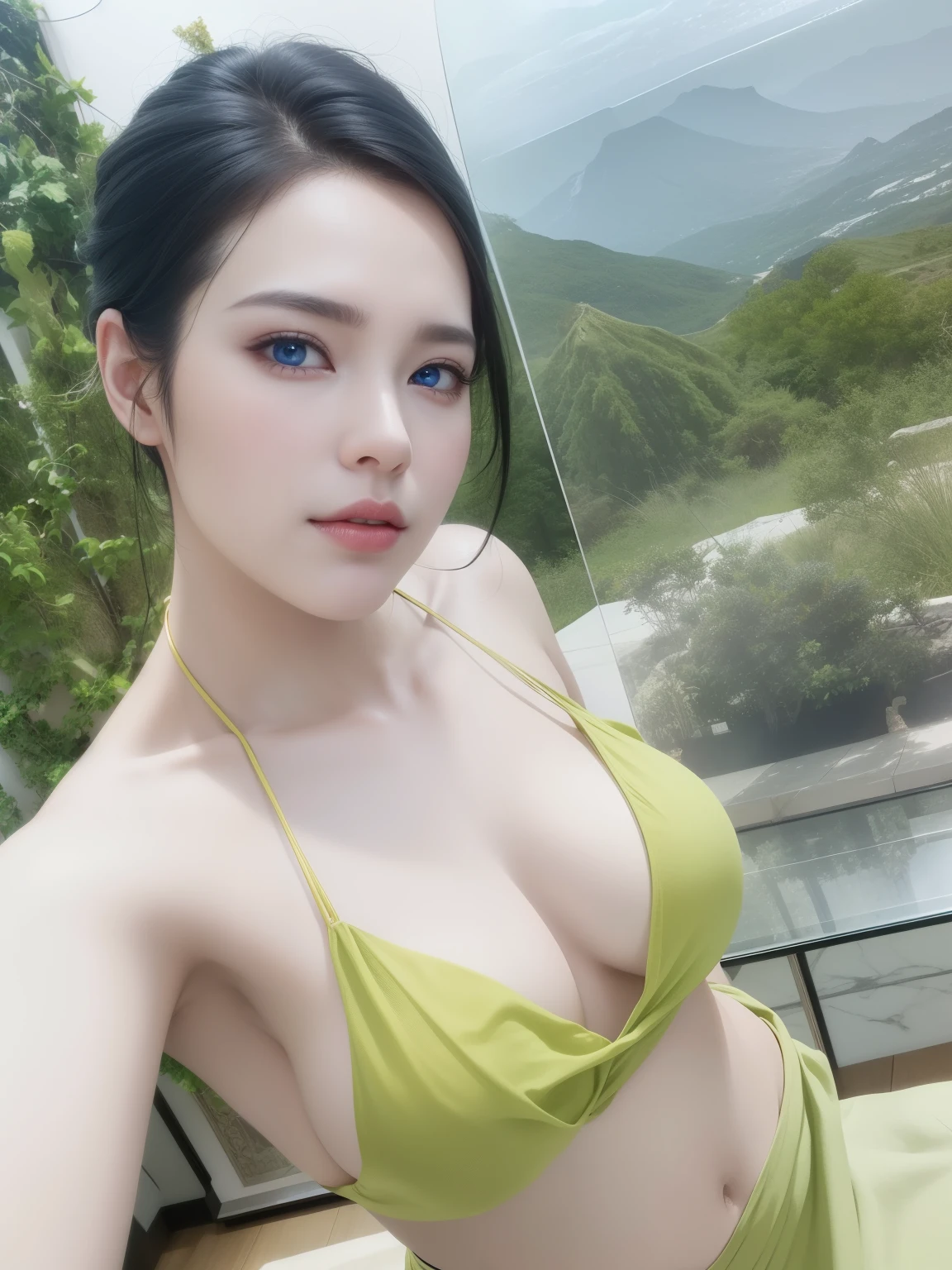 Beautiful big breastokeh), indoors, detailed luxury living room, gentle and charming beautiful goddess, Korean(kpop-idol), solo, necklace, oval face, double eyelids, smart, good hands, good feet, Natural, (from below angle), (glossy skin:1.05), ((low angle)), Perfect figure, (64k, UHD, RAW photo, best quality, masterpiece:1.4), (realistic, photo-realistic:1.37), ultra high res, photon mapping, radiosity, physically-based rendering, professional soft lighting, blue eyes, purpel hair