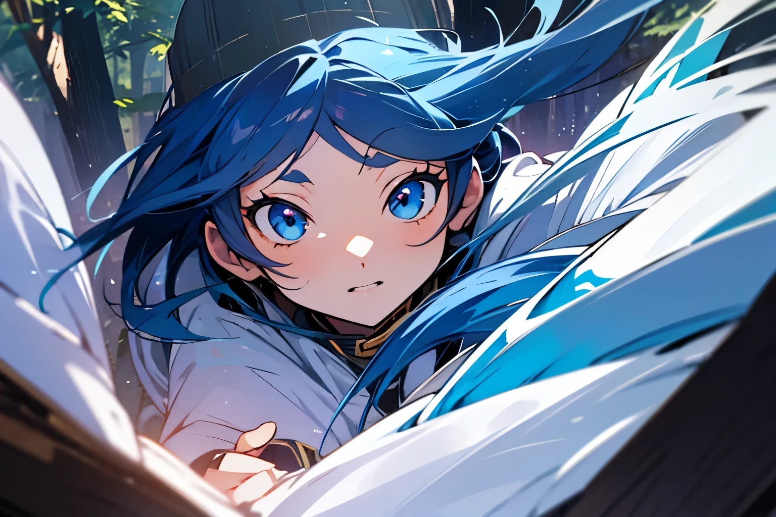 1girl, frieren, blue eyes, beautiful forest, high res, ultrasharp, 8K, masterpiece, magic