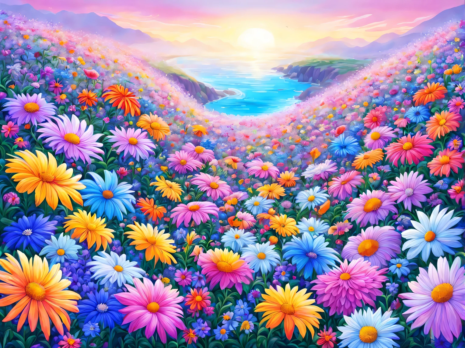 there are flowers everywhere from edge to edge, beautiful bright different, flowers cover everything around, flowers grow and bloom everywhere and everywhere, A sea of flowers