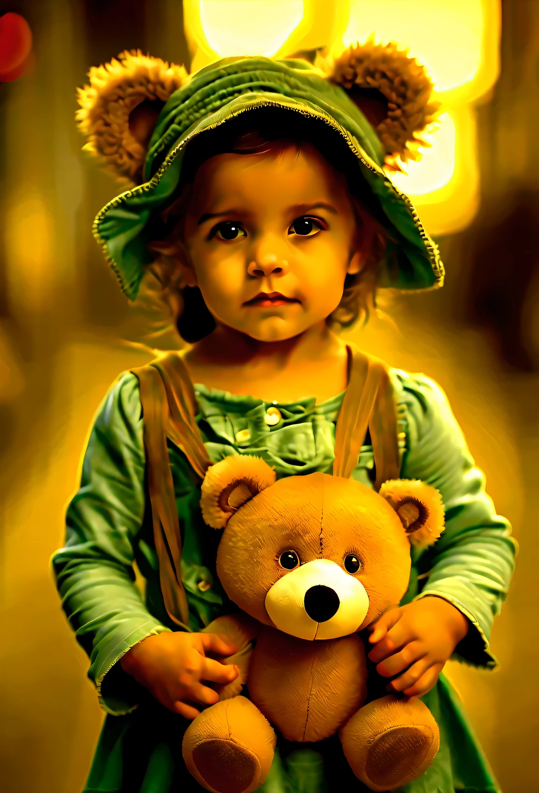 ((1  5 years beautiful innocent, super detallada y en primer plano, extremadamente detallada la infante y su oso de peluche, sentada dentrode una burbuja:1.5)), in a post apocalyptic setting:1.5, Post - Apocalyptic style, post - apocalyptic cowgirl, en un ambiente ciudad destruida, film suit photo, Urban fantasy style, hermosa modelo de infante, (ojos ultra detallados), (((sombreado textil))), (((Mejor calidad))), (((mesa))), (((CG ultra detallado))), (((magical ))), (1 mujer infante), Pelo rubio, Pelo rubio, Pelo rubio, fijar emo, ((gorgeous hair)), ojos verdes, (((estilo moderno, vestido con adornos, combinado perfectamente,en su mano lleva un oso de peluche hermoso))), ((haciendo una )), (((juego cg)) (gorgeous, atrevido, es infante), ambiente nocturno,oscuro iluminado por el fuego y destruccion,  illuminated perfectly strong atmosphere epic, tiro de vaquero,vista panoramica, imagen centrada, eye on the camera, mirada frontal, imagen absolutamente excepcional, reflection, variado multi etc. --v6 --s1000 --c20 --q5 --caos100 32k.