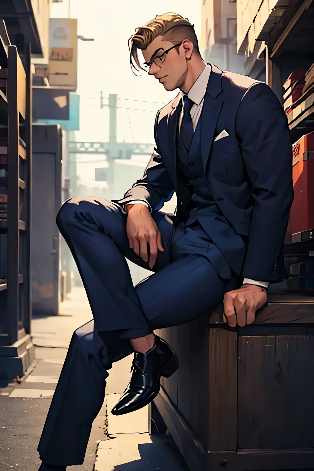 draw a young chad, dark blue suit, sitting, no weird poses, front shot