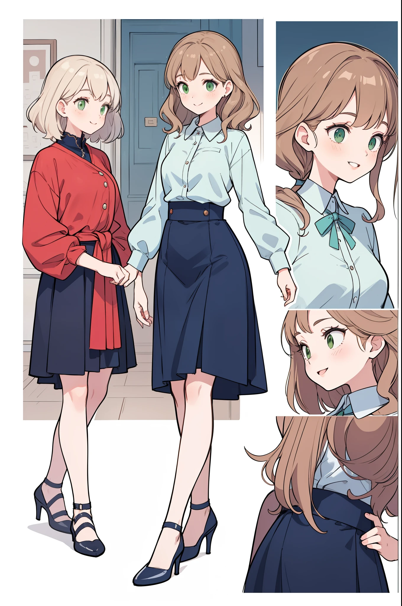 ghibli style image of a woman in an office with shoulder length wavy retro styled light brown hair with green eyes wearing a white button up blouse, dark navy blue wiggle skirt, brown nylons and dark navy blue buckled Mary Jane high heel shoes, she is walking looking down at her high heels with a warm smile. Charlie Bowater, stanley artgerm lau, a character portrait, fantasy art, (cartoon:1.3), looking away,