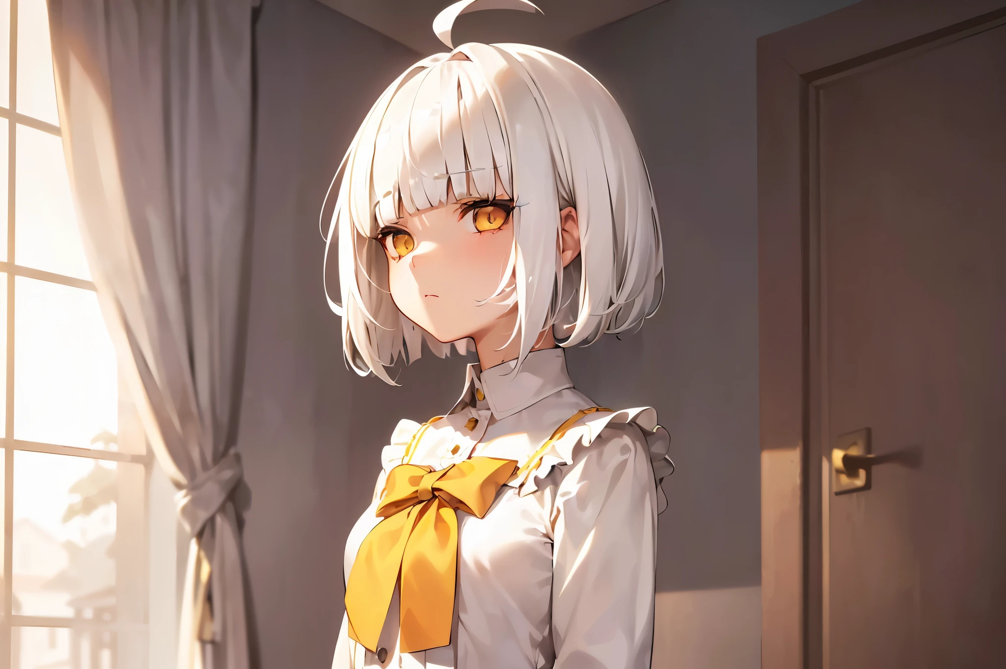 1girl, (lolita), ((((short white hair)))), (((blunt bangs))), yellow eyeessy hair)), ((((without expression)))), Sonolenta, ((ahoge)), black School uniform, desleixada, ((melhor qualidade)), ((obra de arte)), (detalhado), rosto perfeito, ((style novel)), ((in Room))