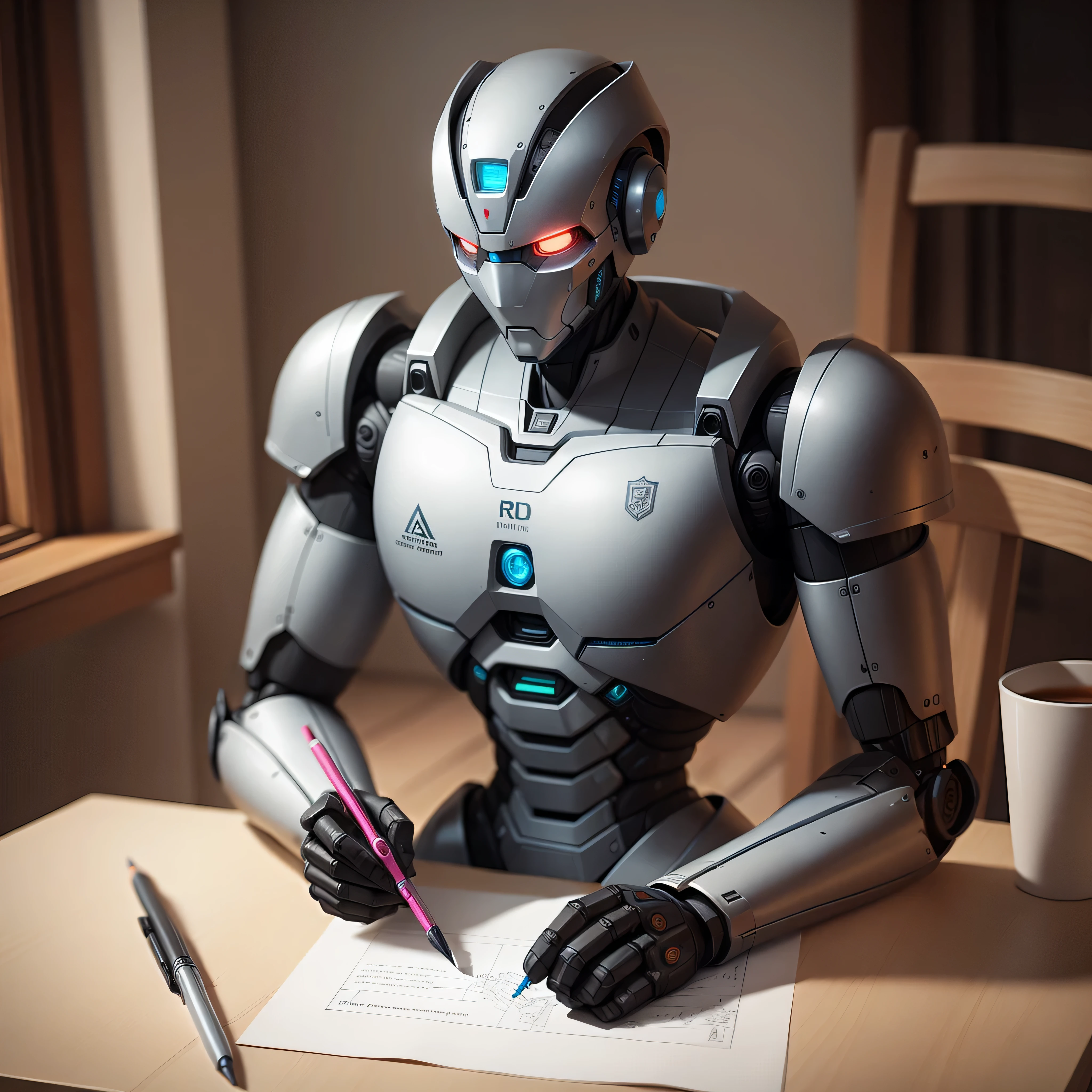 An artificial intelligence robot sits at a table, the robot is drawing, and the robot is holding a pen