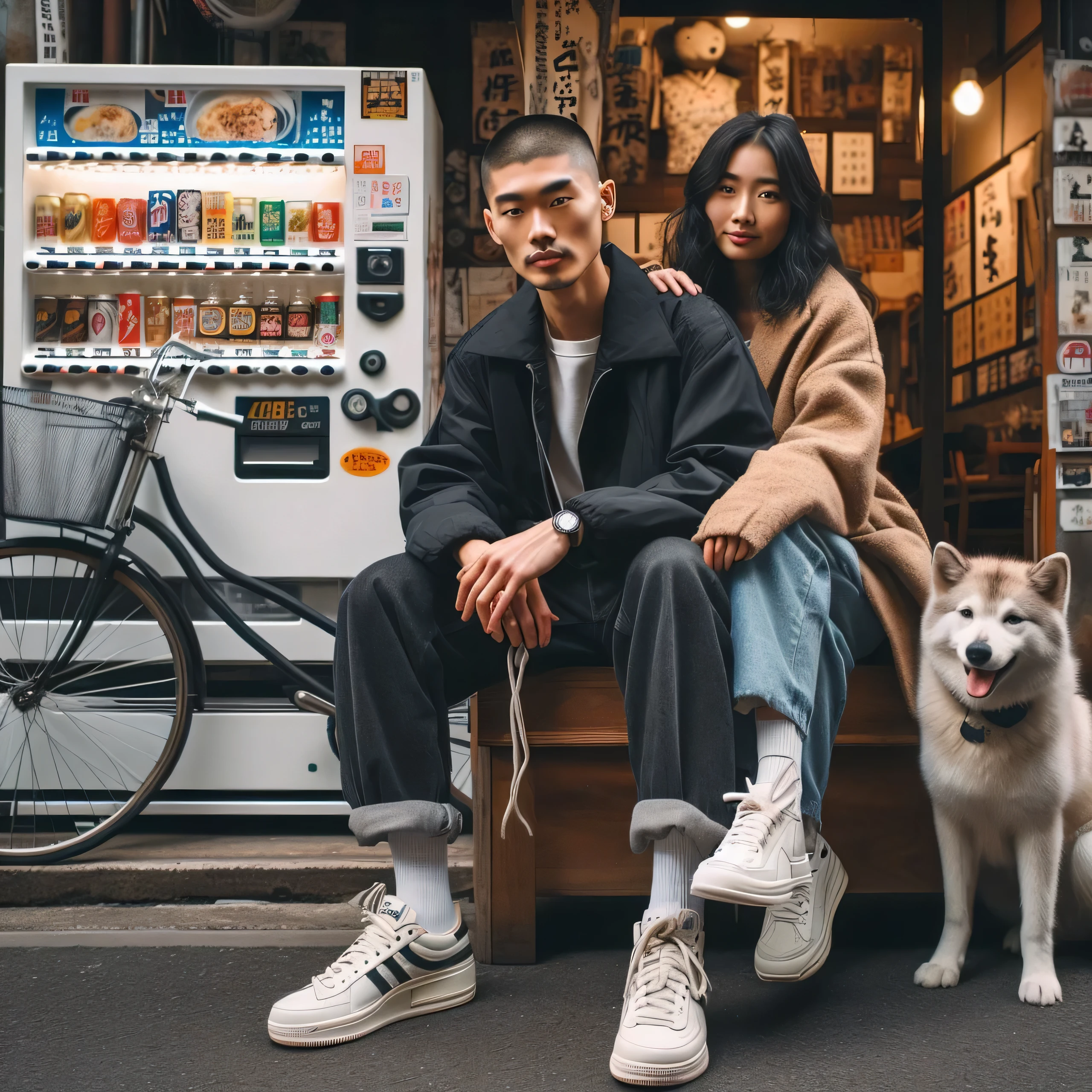 full body, cinematic portrait of an indonesia man with undercut hair sitting on a wooden bench with an Indonesia women , oval face, in front a vending machine in front of ramen shop, wearing white sneakers, with a cute dog, bicycle parked behind, city street fashion, Tokyo Fashion, Japanese Western Street, Aesthetic, advertising shoots, promotional images, Japanese Streetwear, 90s Japan, side Portrait, smiling loking at the Camera.