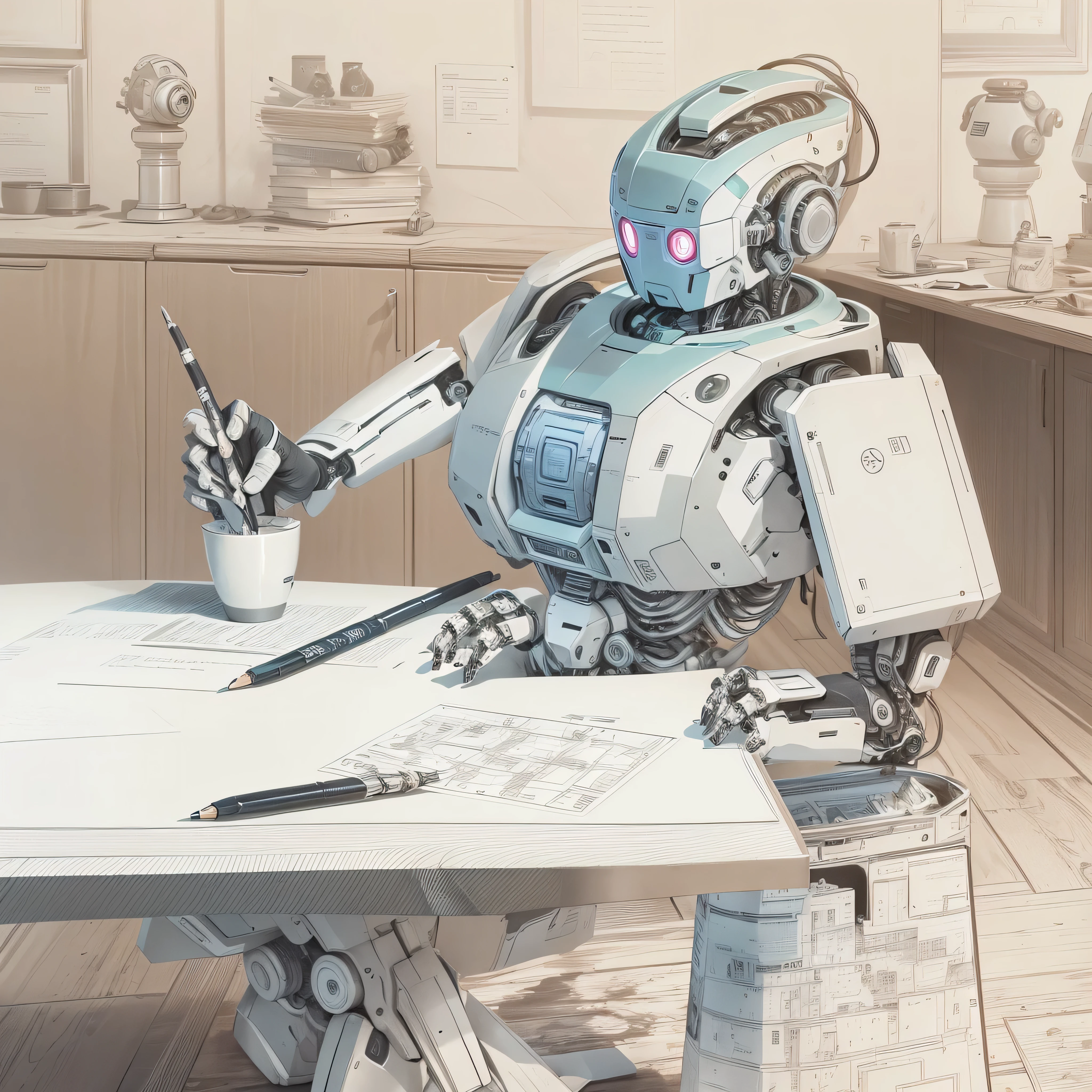 An artificial intelligence robot sits at a table, the robot is drawing, and the robot is holding a pen