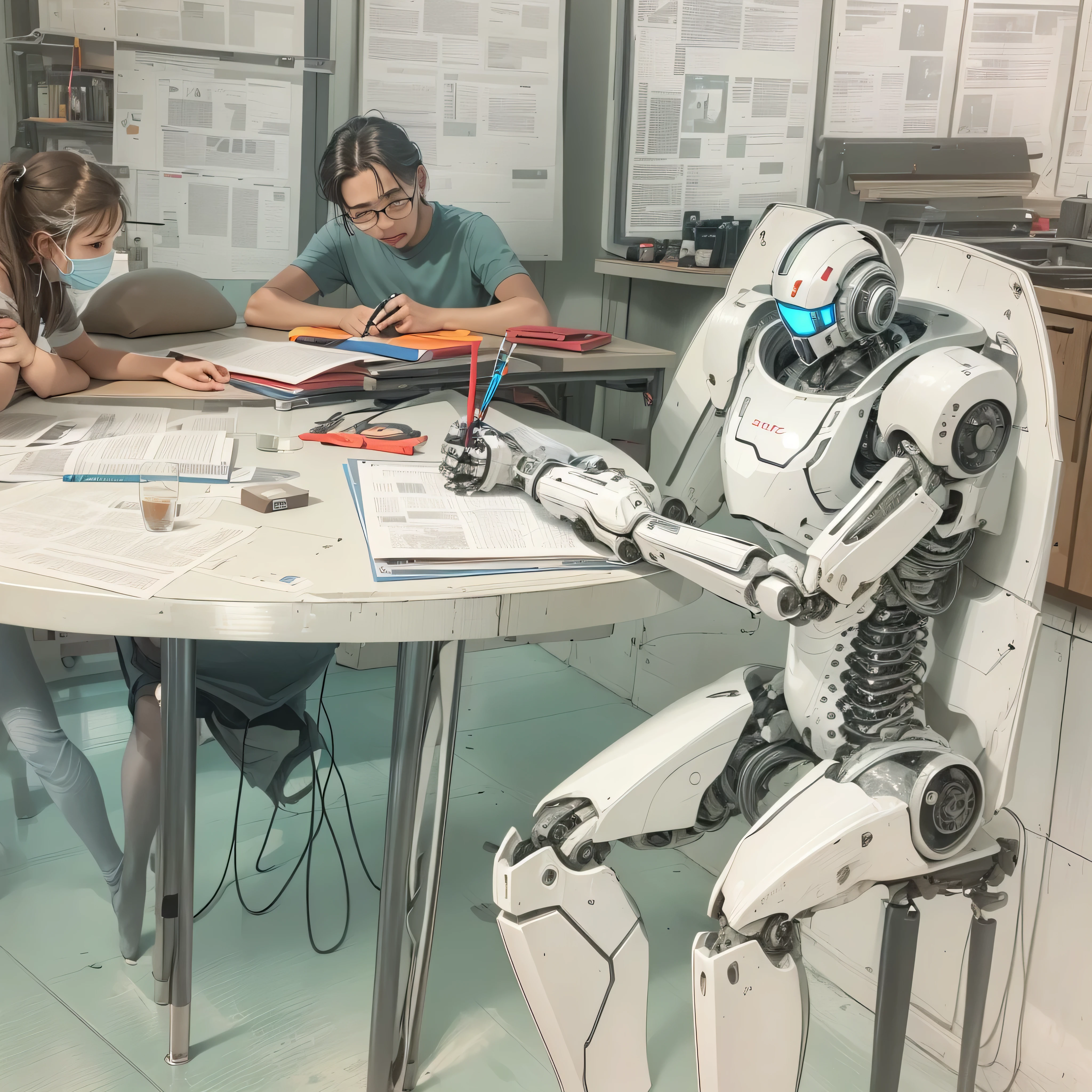 An artificial intelligence robot sits at a table, the robot is drawing, and the robot is holding a pen