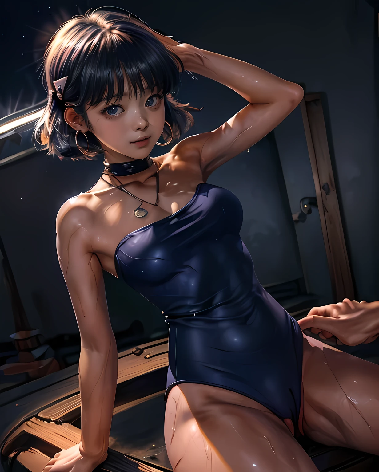 nadiaがCowgirlで性交する, (((realistic, highest quality, High resolution, real women pictures:1.2))), (((A 16-year-old high school girl wearing a navy blue school swimsuit:1.6)), (navy high neck school swimsuit:1.4), (slender body shape:1.9), Cowgirlで性交する, ((anatomically correct:1.2)), (She is wearing a navy blue school swimsuit whose fabric is too thin..:1.1), 膣に陰茎を挿入するCowgirlポーズ, curved body, 大きく股を開いてCowgirl, High neck competitive swimsuit that is too close to the skin, one piece swimsuit, Detailed depiction of the vagina, beautiful thighs, brutal penis thrusts up vagina, nose too small, toned stomach, 16 year old beautiful girl has sex with her clothes on, saddle, Cowgirl, tears, Girl straddles guy, (normal limb), Too cute small face, the whole body is wet, put your hands behind your head, Don'Don't show your nostrils, realistic, vagina is wet, lips slightly open, (anatomically correct:1.2), A guy inserts a penis into a girl, nadia, (girl in the spotlight:1.7), short hair with bangs, (少女が男とCowgirlで性交する)