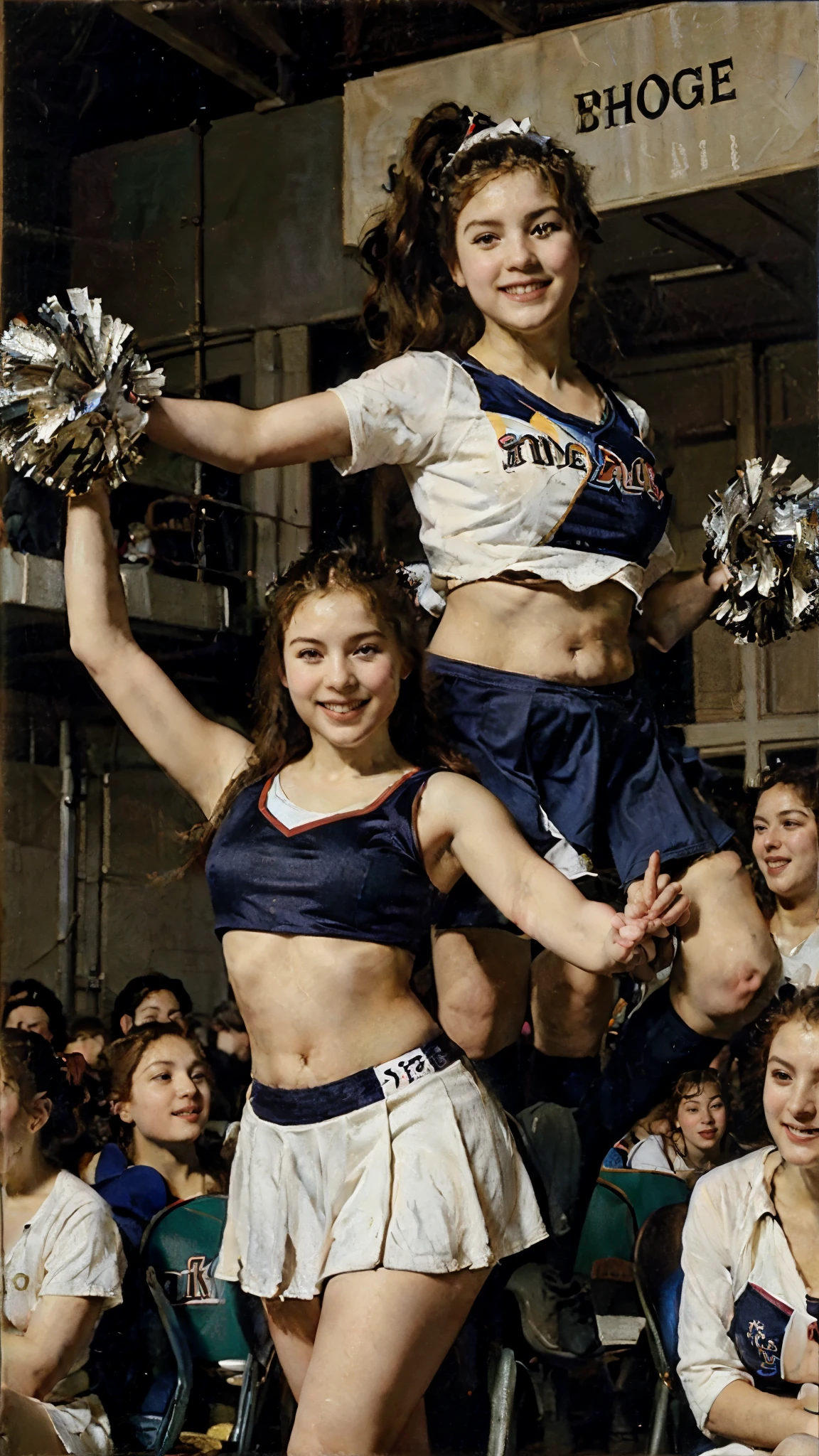 ( classic oil painting ) a modern american team of pretty school cheerleaders, realistic school cheerleader uniforms, action cheerleader poses, all smiling and cheering