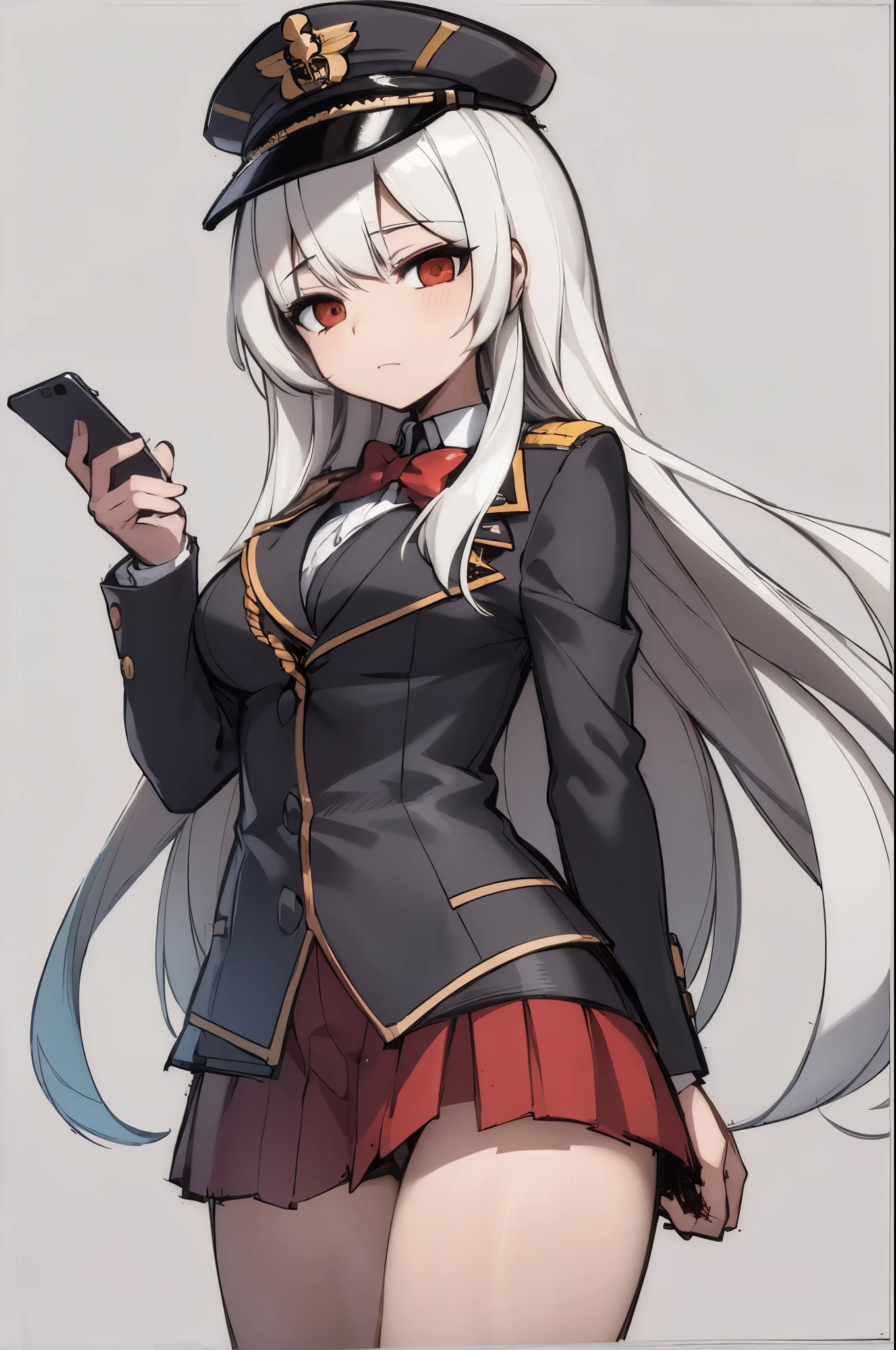 um close up de uma pessoa fardada segurando um celular, linha de frente das meninas style, detalhes finos. linha de frente das meninas, from linha de frente das meninas, kantai collection style, linha de frente das meninas, linha de frente das meninas cg, estilo azur lane, linha de frente das meninas universe, personagens de azur lane, anya from the spy family x, do videogame azur lane, De Arknights