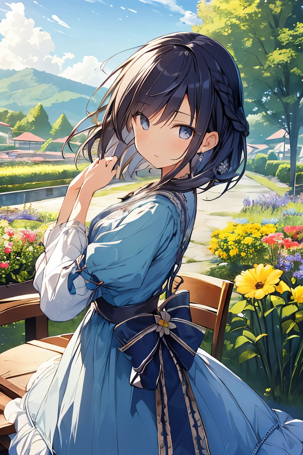 Anime girl sitting on a bench in a garden with flowers - SeaArt AI