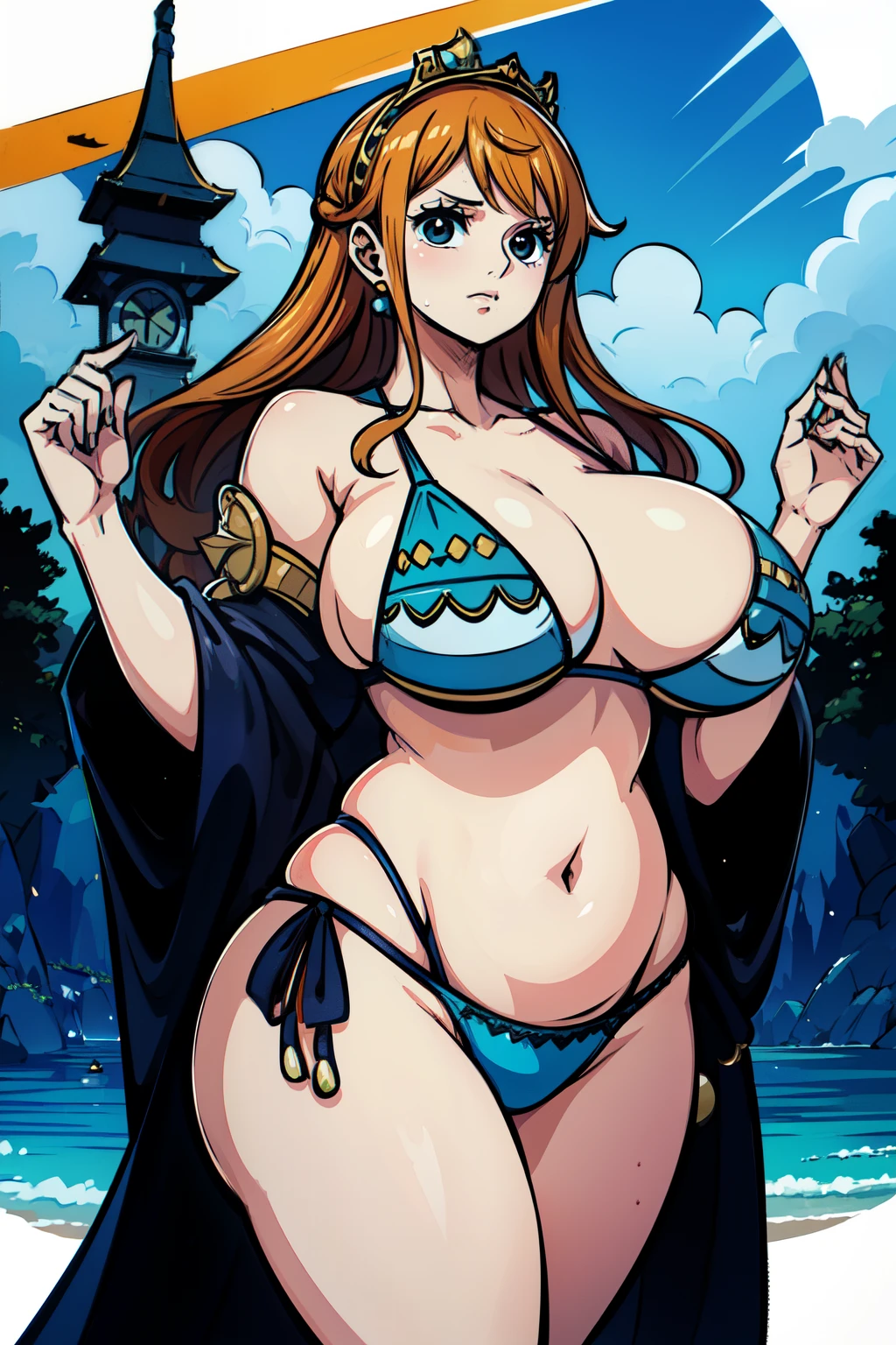 (masterpiece), (detailed), (8k wallpaper) , (best quality), (UHD), (sharp focus), perfect quality, solo, (detailed eyes:0.9), Nami, face : (perfect face, beautiful face, cute face, young), figure : (very chubby, very thick, big breasts, curvy, chubby belly, fat thighs, big deep navel, muffin top, love handles)