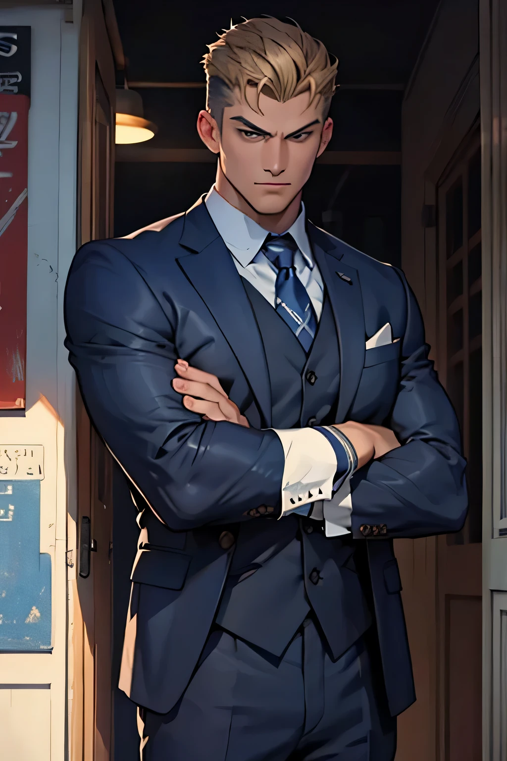 draw a young chad, dark blue suit, arms crossed, looking at the camera, masculine