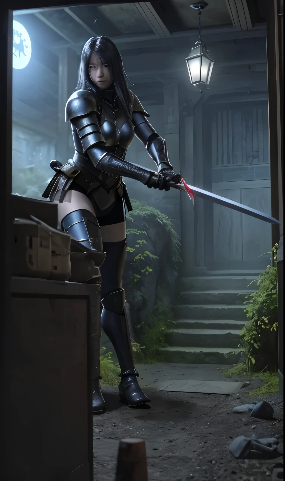 8k, highest quality, masterpiece, ultra high resolution, Standing position、male、western、knight、20代male性、sword、sword、swordを構える、armor、night、dungeon、underground、get lost、Inside the city、dark fantasy、shield、swordを持った戦闘態勢、