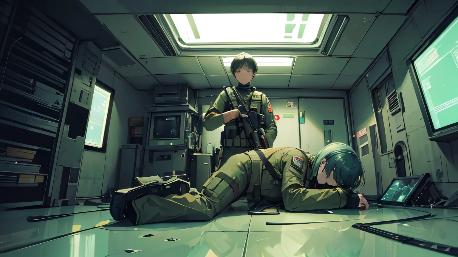 illustration of a girl in a dystopian cyberpunk world, dying in a boy's arms, rain, puddle on the ground, soldiers surrounding them, camera from top view, illustration, vivid colors, dramatic lighting, cinematic composition, intricate details, moody atmosphere, gritty, 8k, highly detailed, masterpiece