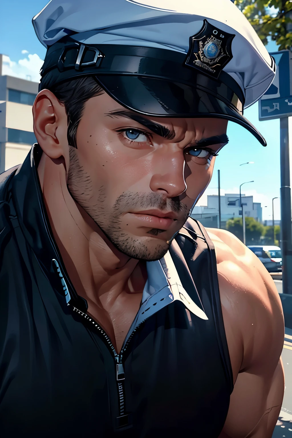 Generate close up image of a male police officer with a body builders' body in a sleeveless uniform with his mouth open and a curious look on his face where: outside a police station in the daytime