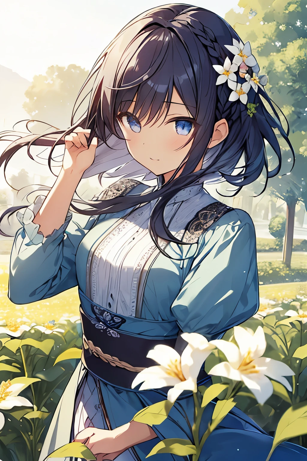 table top, highest quality,figure, wallpaper, Super detailed, absurd beauty、1 beautiful girl、 (middle hair、short braided hair), highly detailed beautiful eyes , hair blowing in the wind、Please make your head smaller、flower garden、great outdoors、flower gardenの風景