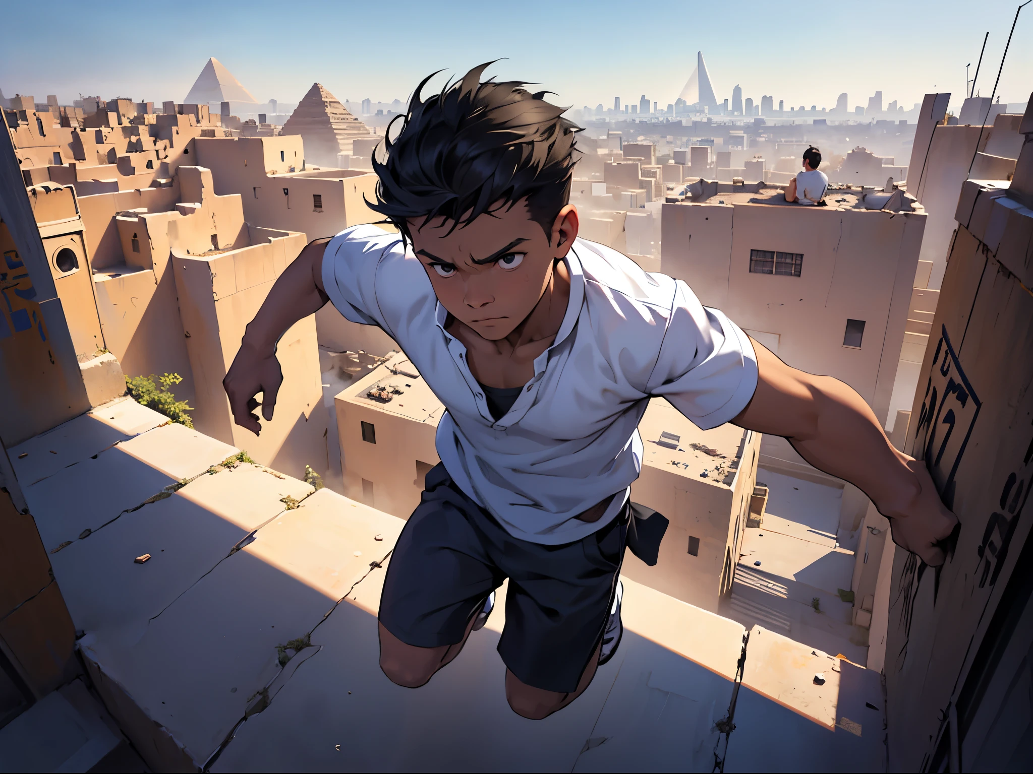 The boy is running without a shirt, escaping from someone who is following him, jumping over the buildings of Cairo, Egypt, panoramic view, cute 16-year-old teenager looking sad from above, a modern North American city., sin camisa falda tribal, esta perdido triste camina desconcertado
