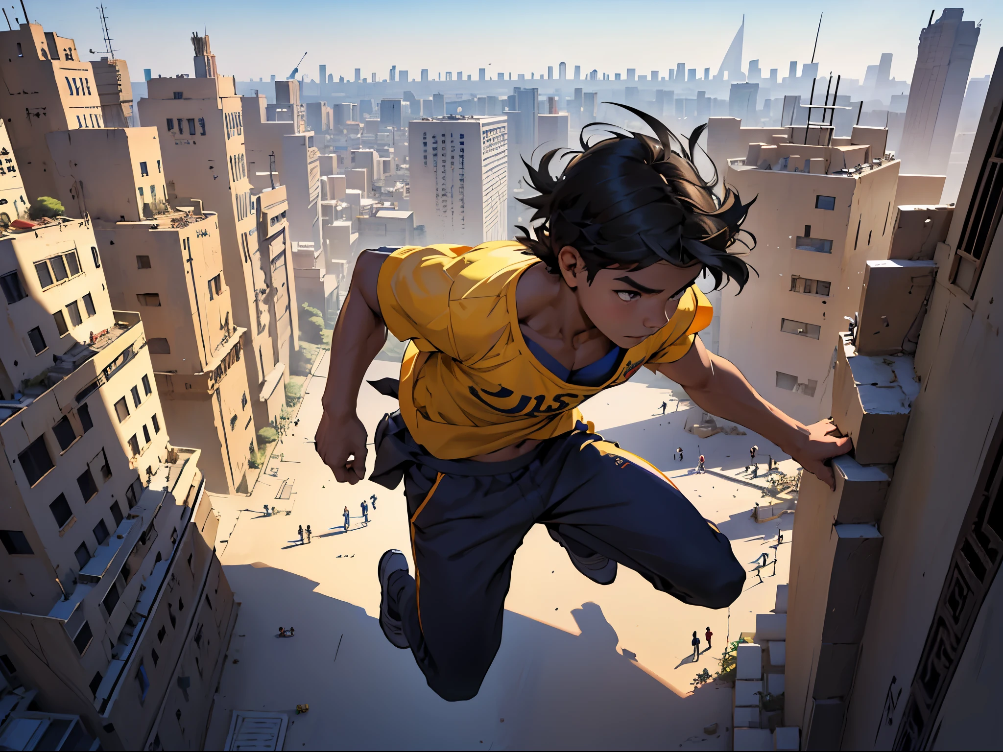 There is a shirtless boy who is running, escaping from someone who is following him, jumping over the buildings of Cairo, Egypt, panoramic view, cute -yeld teger from above, a modern city. , sin camisa falda tribal, esta perdido desconcertado, esta sin camisa usa una falda tribal egipcia arabe