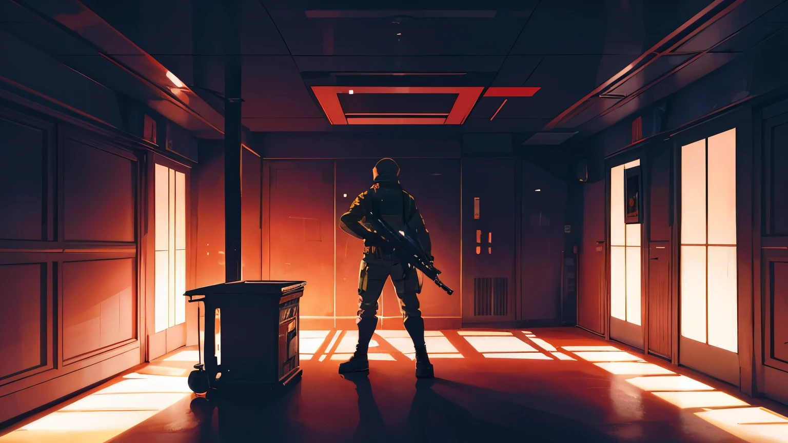 Generate an image depicting the soldier confronting the true culprit in a secret room onboard the spaceship. Show a tense standoff between the soldier and the perpetrator, with plasma pistols drawn, amidst the dimly lit surroundings of the secret chamber.