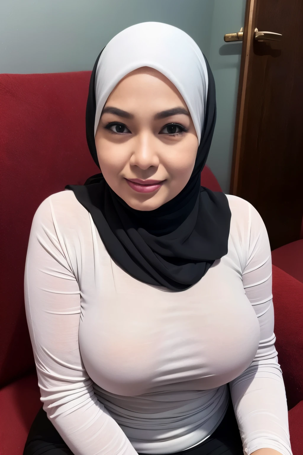 One woman, 58-Years-Old, Hijab Beautiful Indonesian Mature Woman, Wearing Black Tight Long-Sleeve T-Shirt, White Skin Like Porcelain, Alluring Face, Erotic Pose, Realistic Ultra Gigantic Breast : 46.9,realistic wrinkels body, PP cup Breast, Seducting Look, Soft Smiling.